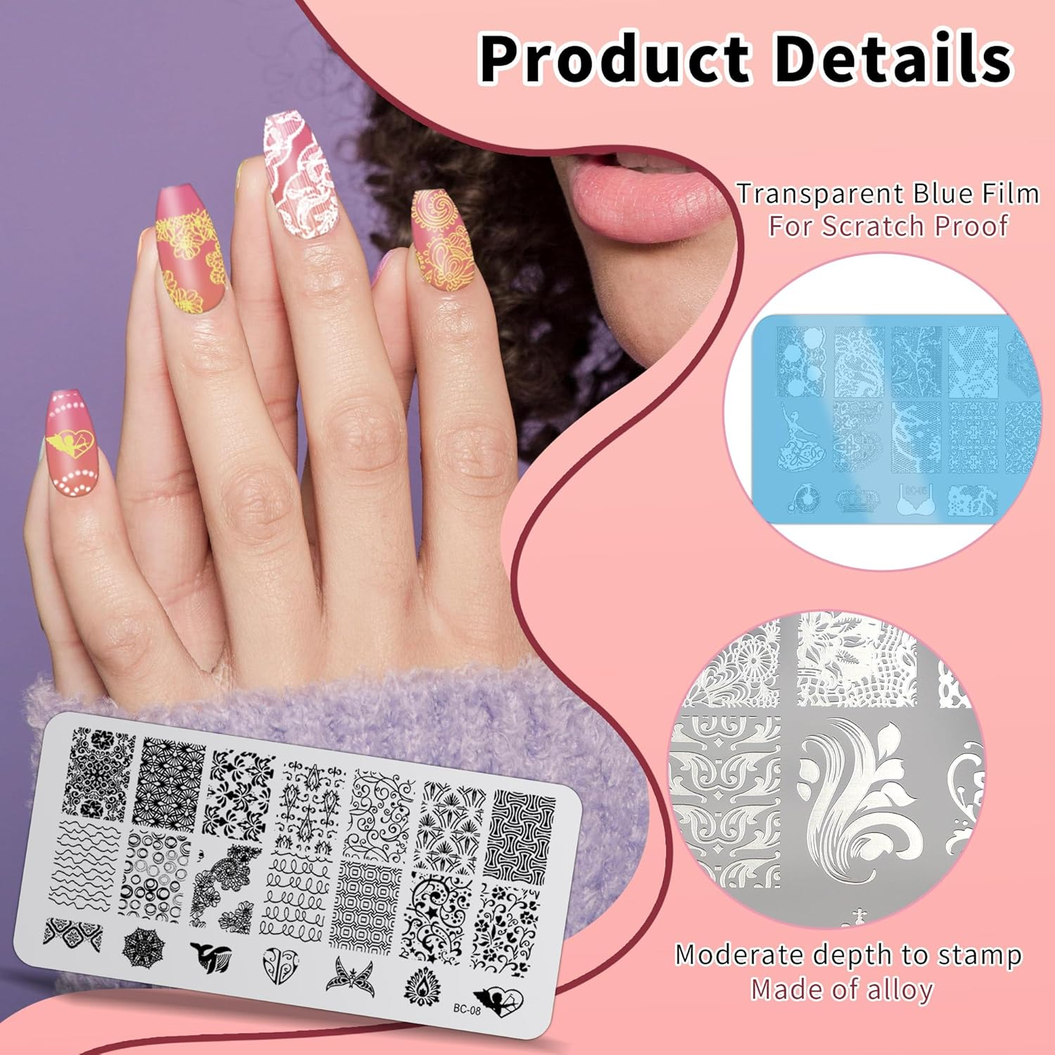 8PCS Nail Stamping Plate, Lace Nail Stamper Kit for DIY Print, Art Nail Stamping Kit for Women Nail Decoration, Nail Art Stamp for Manicure Salon Design Gift (8) image number 4