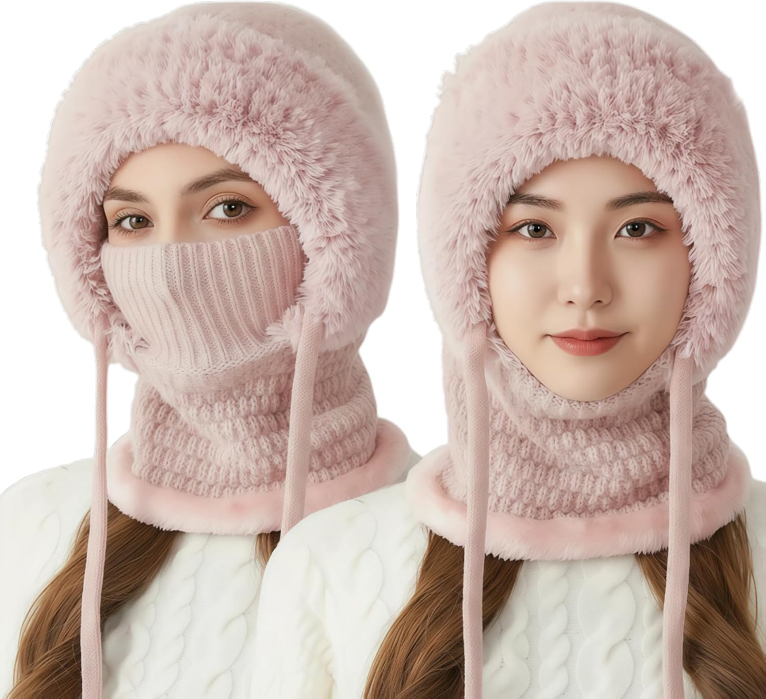 3 in 1 Beanie Hat for Women,Fleece Lined Hat with Scarf & Face Cover, Knitted Windproof Ski Mask Beanie for Cold Weather - Khaki image number 3