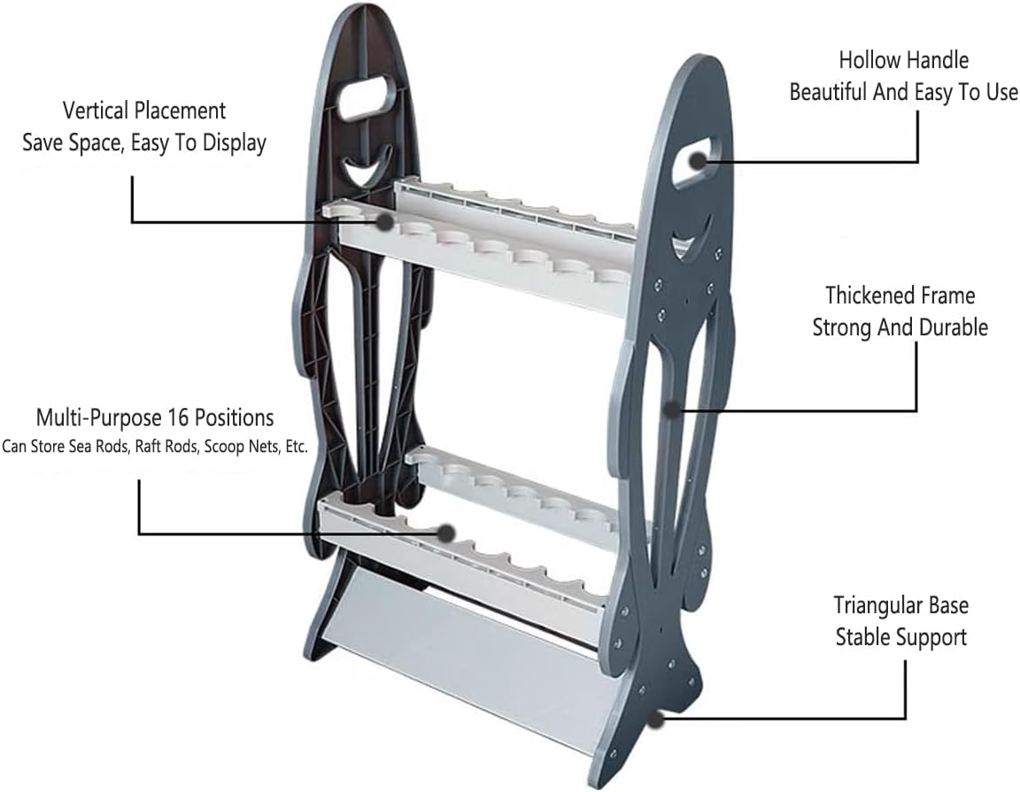 AIMALL Fishing Rod Rack Holder Stand &ndash; 16 Slots Vertical Storage for Sea Rods, Scoop Nets &ndash; ABS Foam Material, Freestanding Floor Display, 31.5X17.1X9.4In, Black image number 5