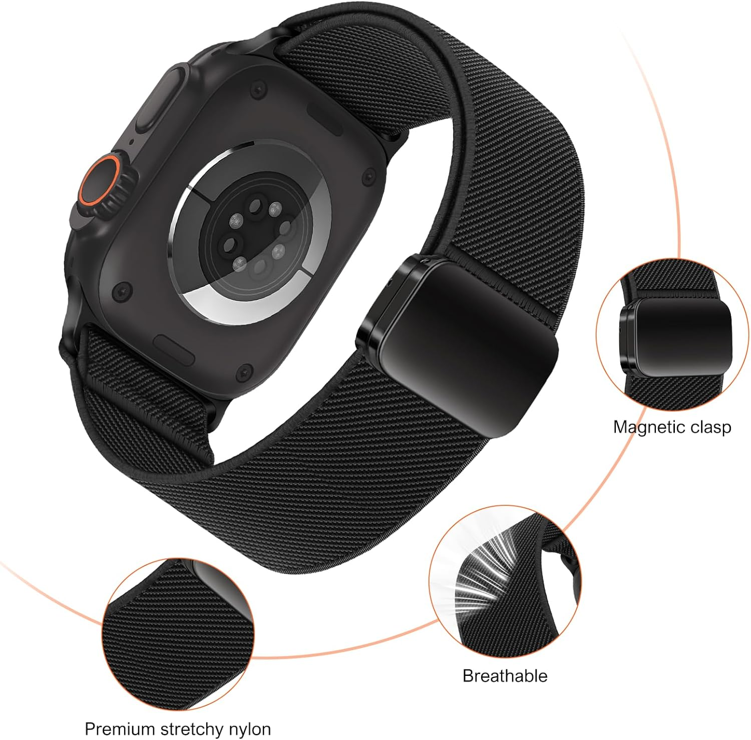 CHORTAU Magnetic Nylon Bands for Apple Watch Band Ultra/2 49Mm 46Mm 45Mm 44Mm 42Mm 41Mm 40Mm 38Mm Men Women,Stretchy Fabric Elastic Sport Strap Wristband for Iwatch Series 10 9 8 7 6 5 4 3 SE Ultra/2 image number 4