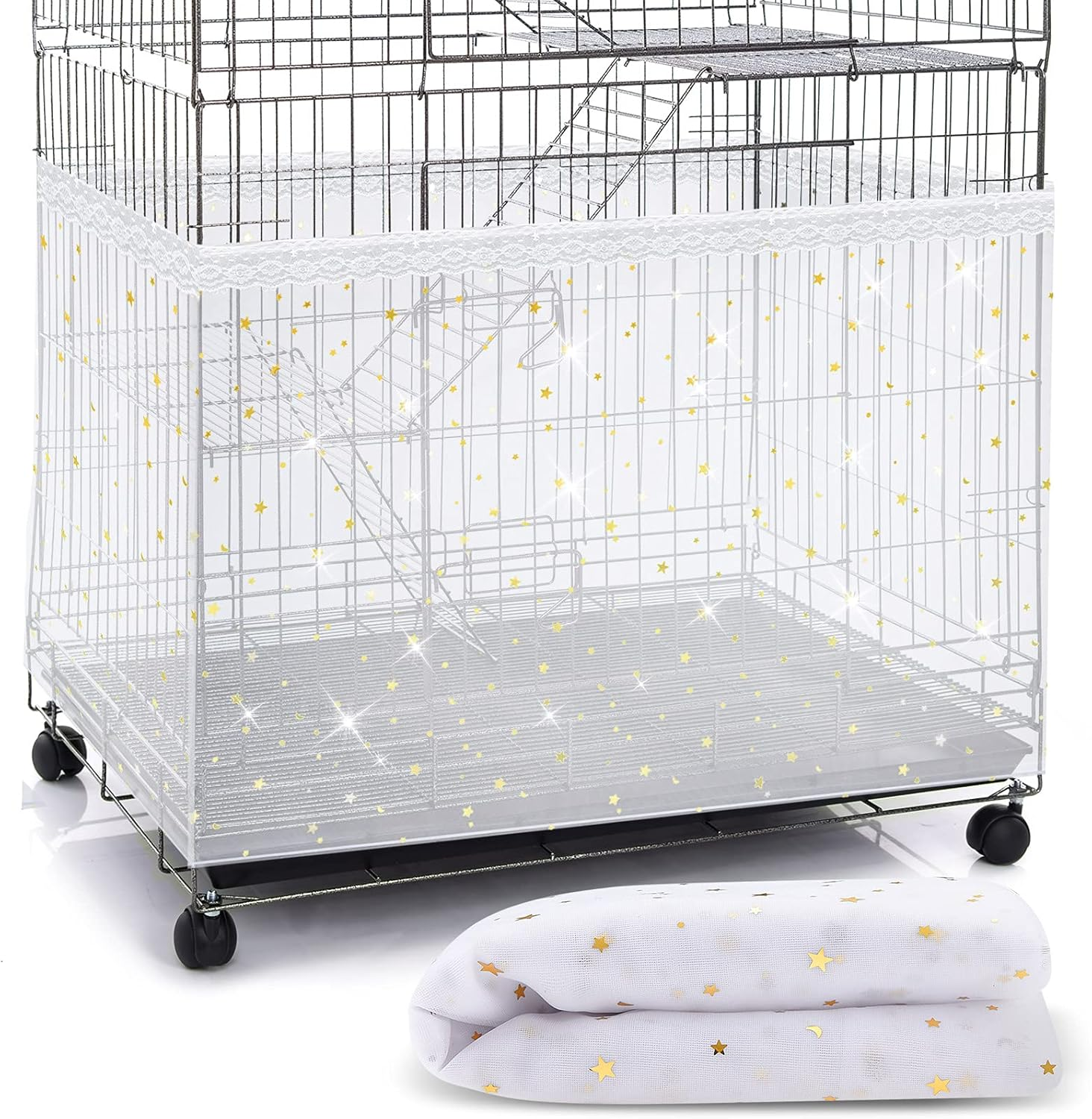 Large Bird Cage Cover Birdcage Nylon Mesh Net Cover Seed Feather Catcher Twinkle Star Universal Birdcage Cover Bird Seed Guard Skirt for Parakeet Macaw African Square Cage (White)