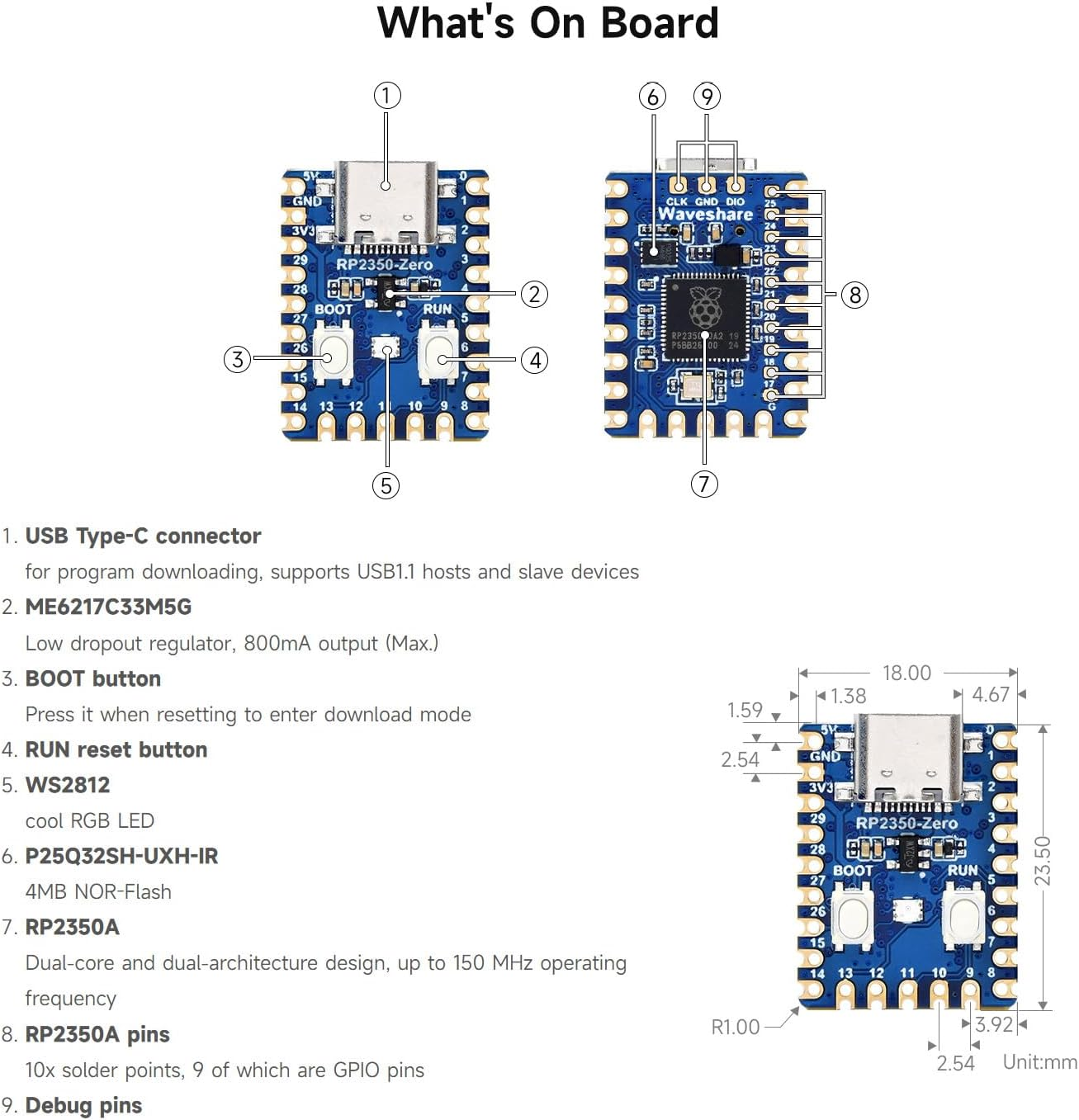 Waveshare Rp2350-Zero Mini Development Board, Raspberry Pi Microcontroller Development Board, Based on Raspberry Pi Dual-Core & Dual-Architecture Microcontroller image number 4