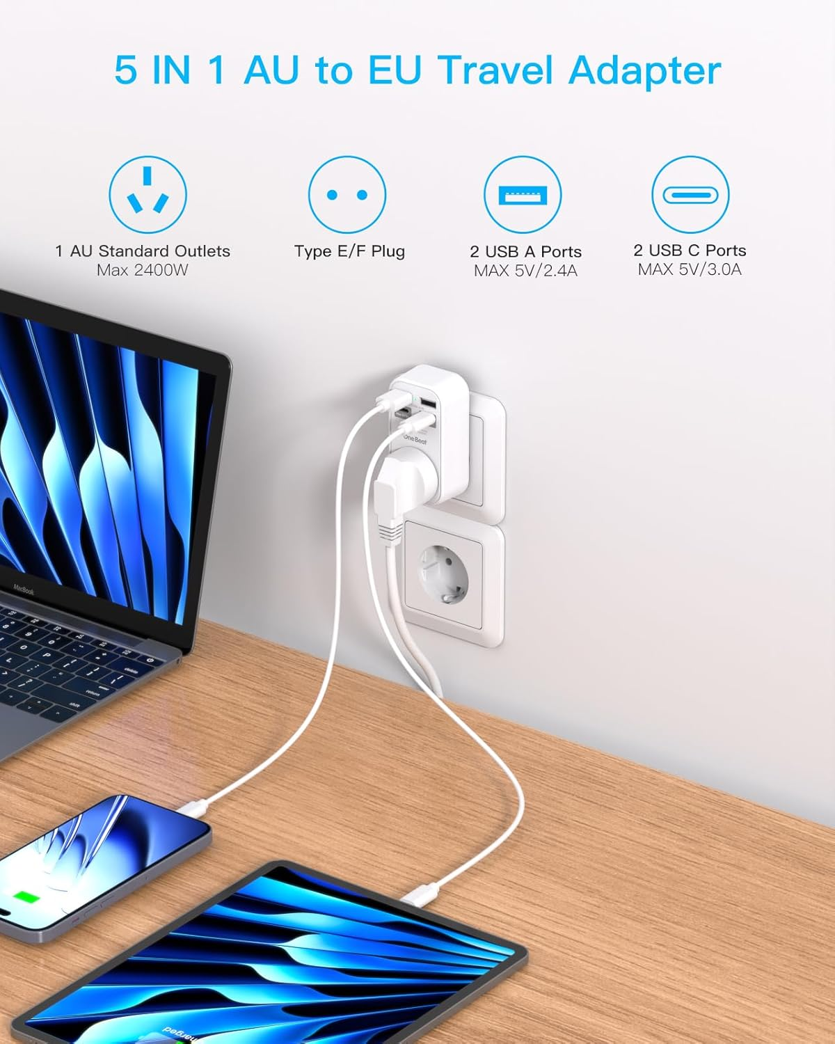 AU to EU Travel Adapter, Type E/F International Power Adapter with 4 USB(2 USB C), European Travel Accessories, European Travel Plug Adapter for Bali Germany Spain France Greece Netherlands Turkey image number 5