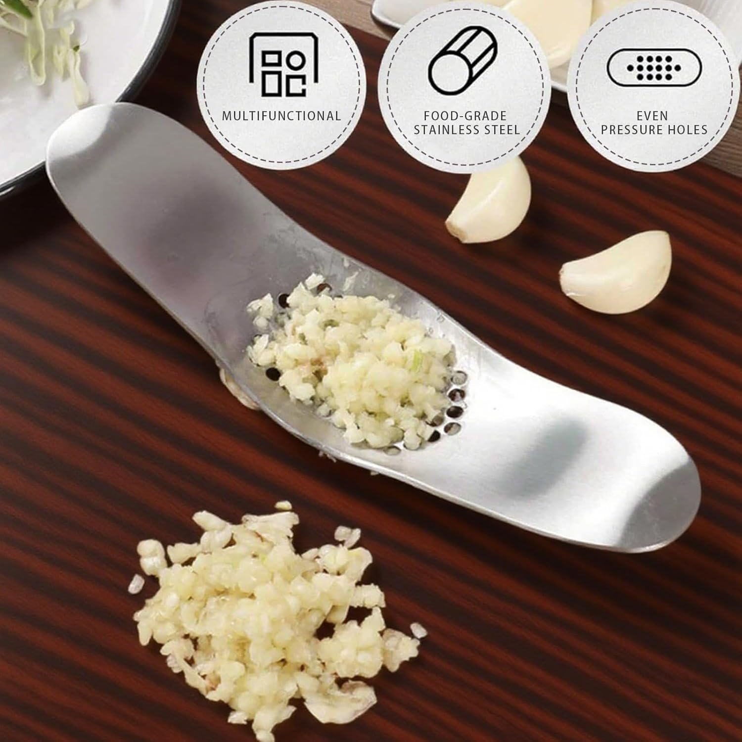 ONBPIY Stainless Steel Garlic Press Rocker with Peeler, Manual Garlic Crusher Mincer Tool for Pressing and Mincing Garlic Cloves, Easy to Clean Kitchen Gadget image number 3