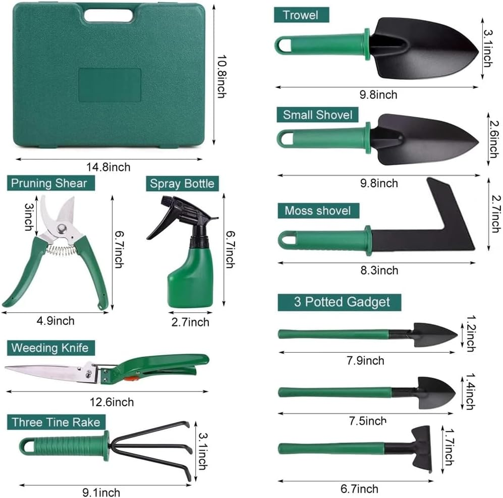 Springup 10 Pieces Garden Tools Set,Heavy Duty Gardening Tools,Gardening Tools with Carrying Case,Ergonomic Hand Tools, Pruner,Rake,Shovel, Trowel, Sprayer, Gifts for Men,Women(Green)