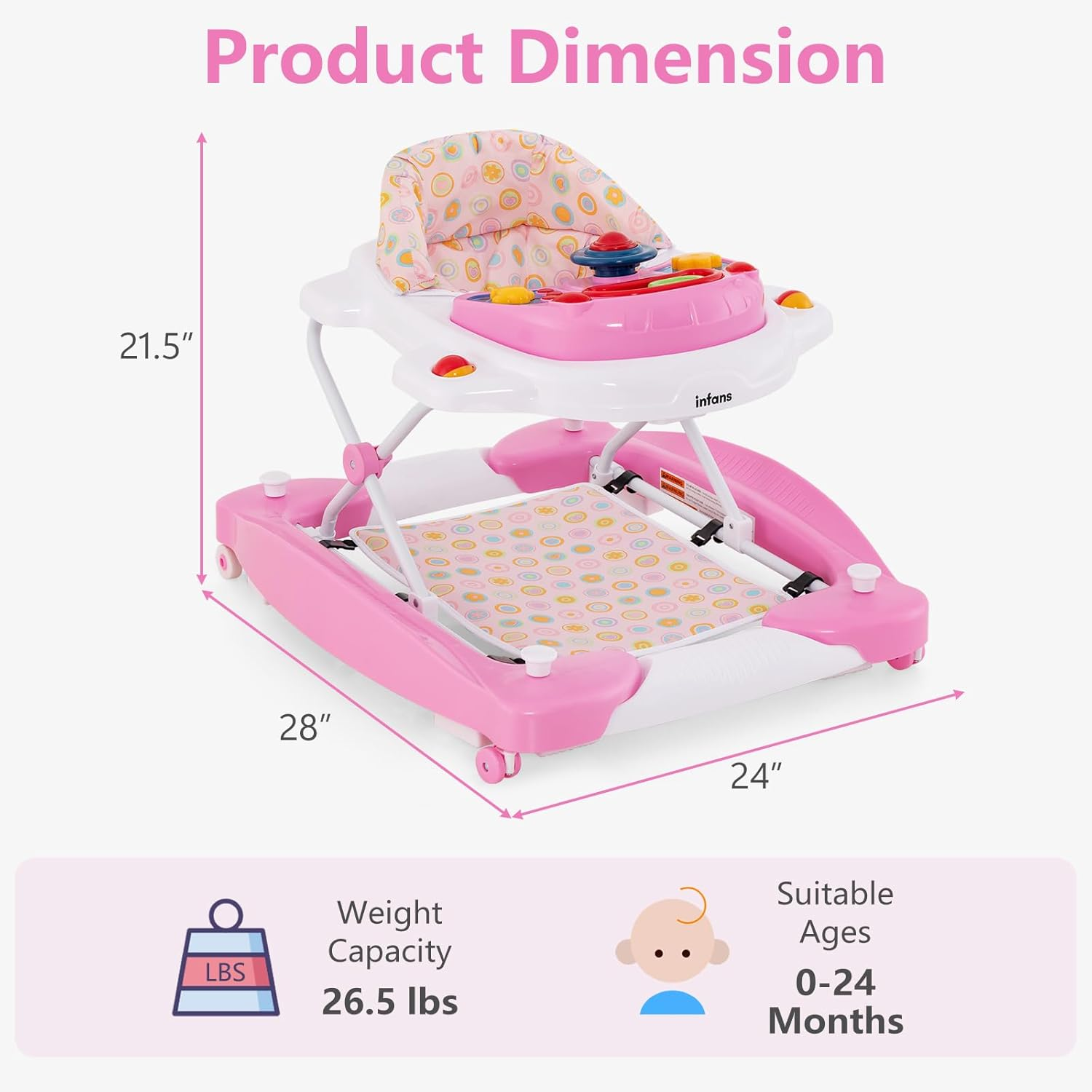 INFANS Baby Walker, 5 in 1 behind Walker Learning Seated Rocker Bouncer with Removable Music Tray, Adjustable Height, Washable Seat Cushion, Foldable Activity Center for Toddlers (Pink) image number 4