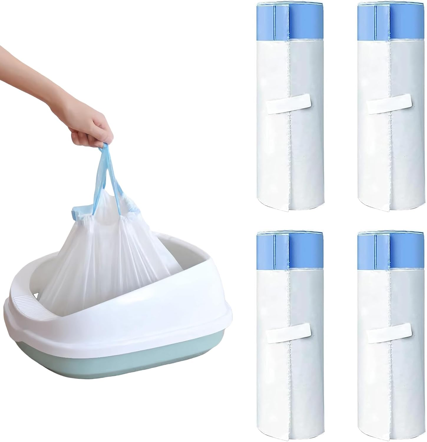 RMAN Pack of 60 Cat Litter Tray Liners Large Cat Litter Tray Bags for Cat Litter Tray 90 X 50 Cm Cat Litter Box Bags with Drawstrings Biodegradable Durable Liquid-Proof 4 Rolls