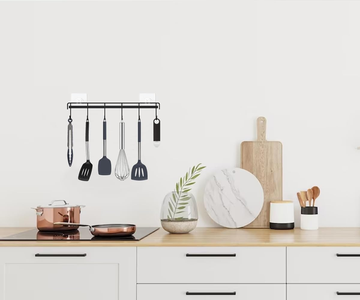 Wall Mount Utensil Rail Rack 2 Pcs, Space Saving Kitchen Utensil Holder Self Adhesive, No Drilling Wall Mounted Accessory Hanger with Hooks for Kitchen Bathroom Storage (Black) image number 4