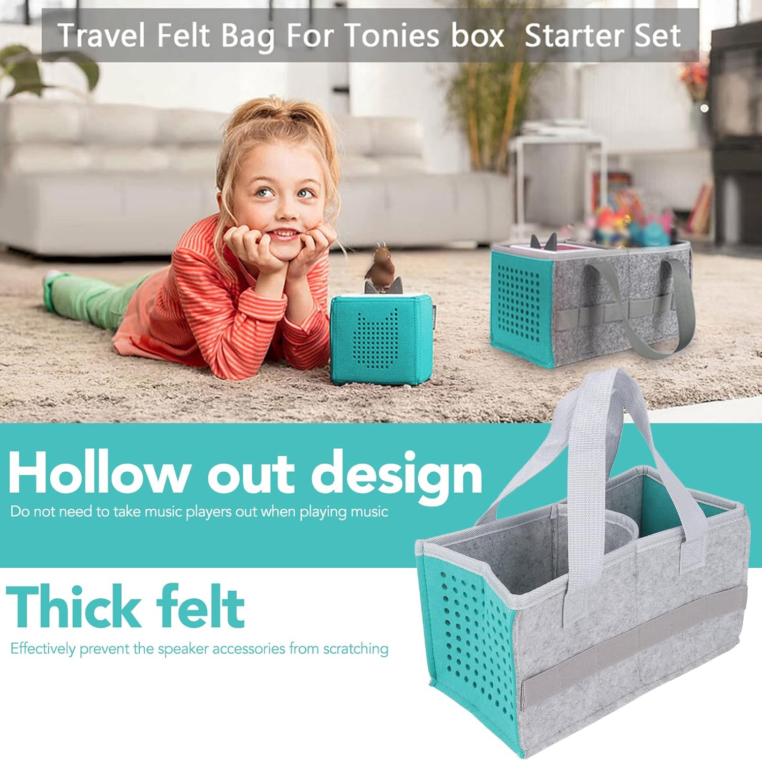 Carrying Case for Tonies Starter Set, Foldable Portabletravel Storage Bag with Handle Large Space Felt Organizer Case for Tonies Figurines, for Kids Toniebox Accessories (Lake Blue) image number 6