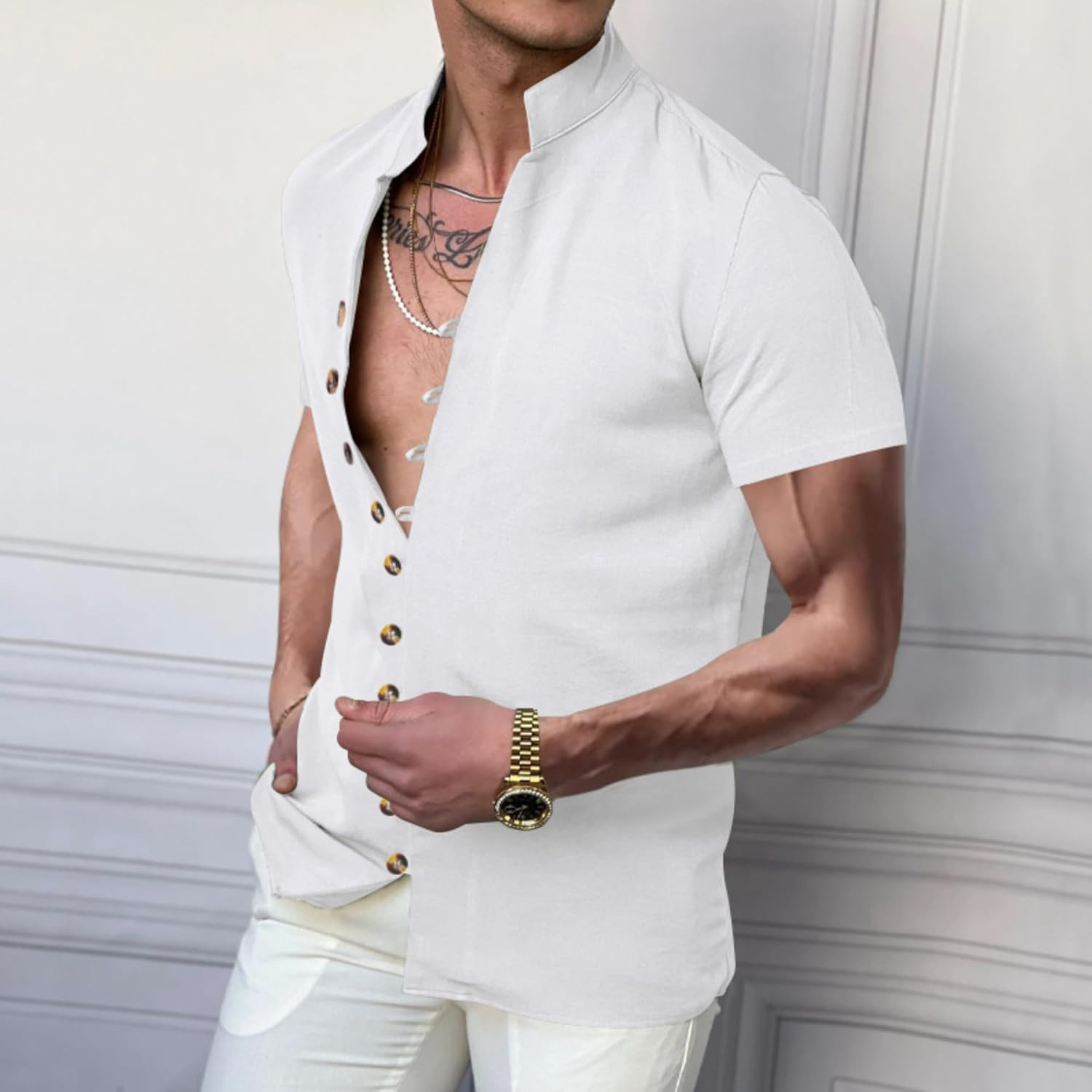 Men'S Button down Hawaiian Linen Shirt Mandarin Collar Short Sleeve Solid Shirt Beach Vacation Summer Casual Tshirts image number 2