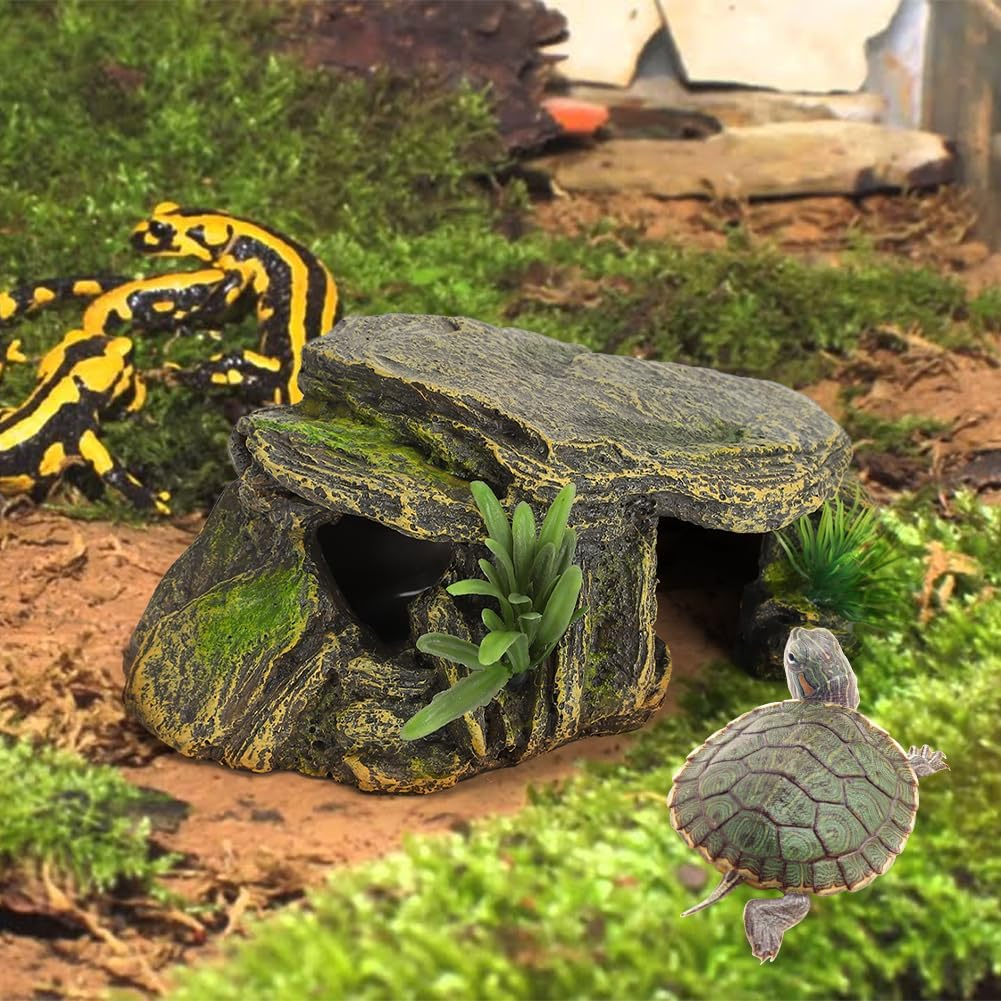 Reptile Rock Hide Cave, Aquarium Small Terrarium Hideouts Turtle Resin Habitat Basking Platform Lizard Hiding Hideaway Shelter Spiders Frog Amphibians Bearded Dragon Tank Snakes Tortoise Betta Shrimp image number 5