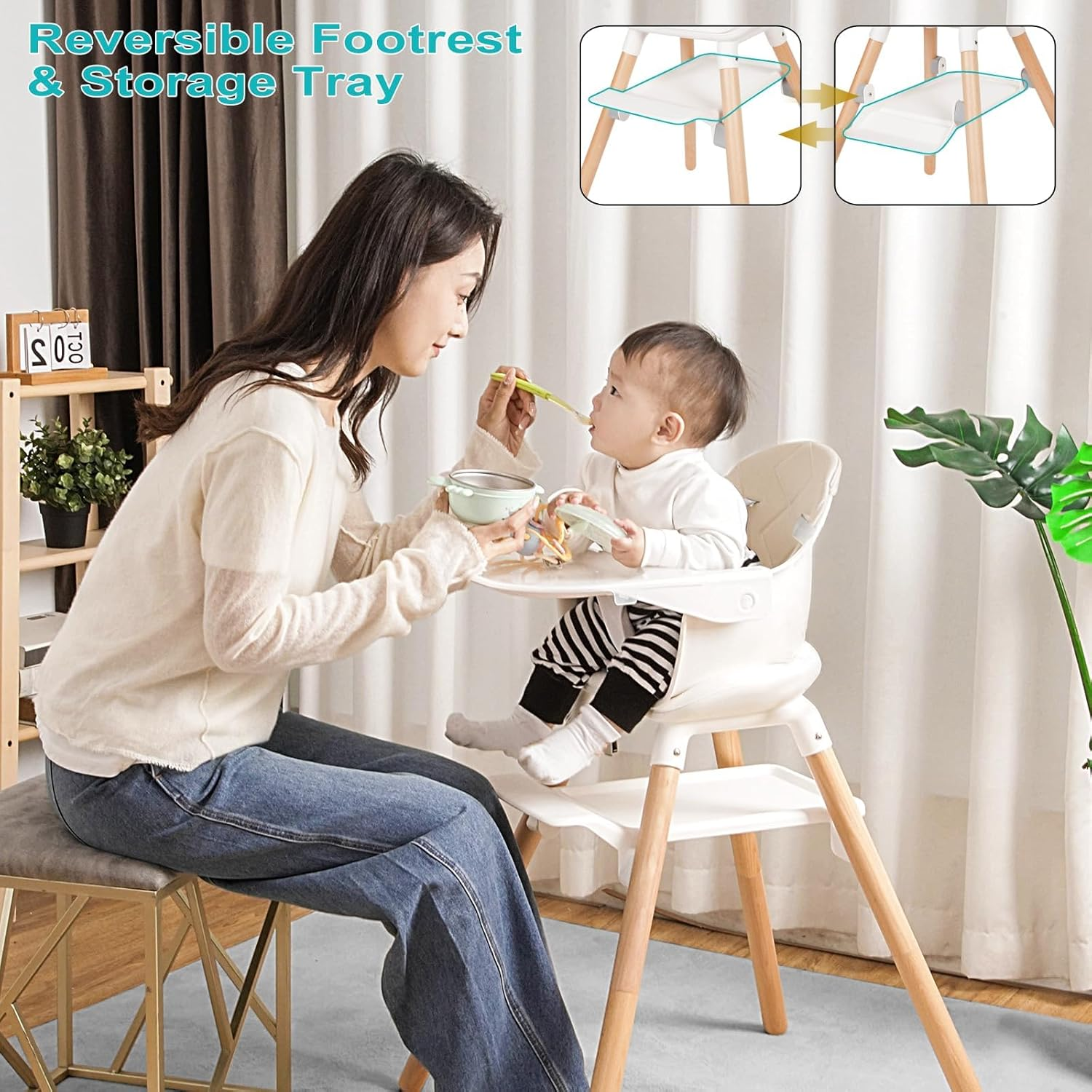 Baby High Chair, 6 in 1 Wooden Convertible High Chairs for Babies and Toddlers, Booster Seat with Double Tray & Reversible Footrest Baby Highchair, 5-Point Harness Baby Feeding Chair (Beige) image number 5