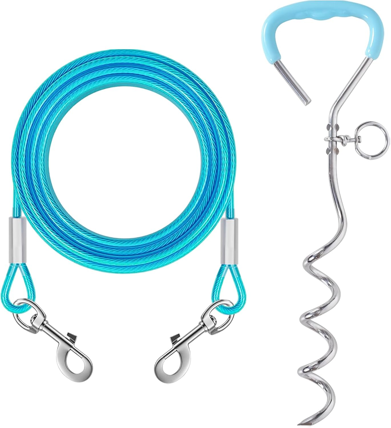 10Ft Dog Tie Out Cable with 15" Spiral Ground Stake Spike for Small to Medium Dogs up to 60 Lbs, Pet Tie Out Cable for Playing, Camping，Outdoor, Yard and Backyard in Ground (3 Meter, Lake Blue) image number 2