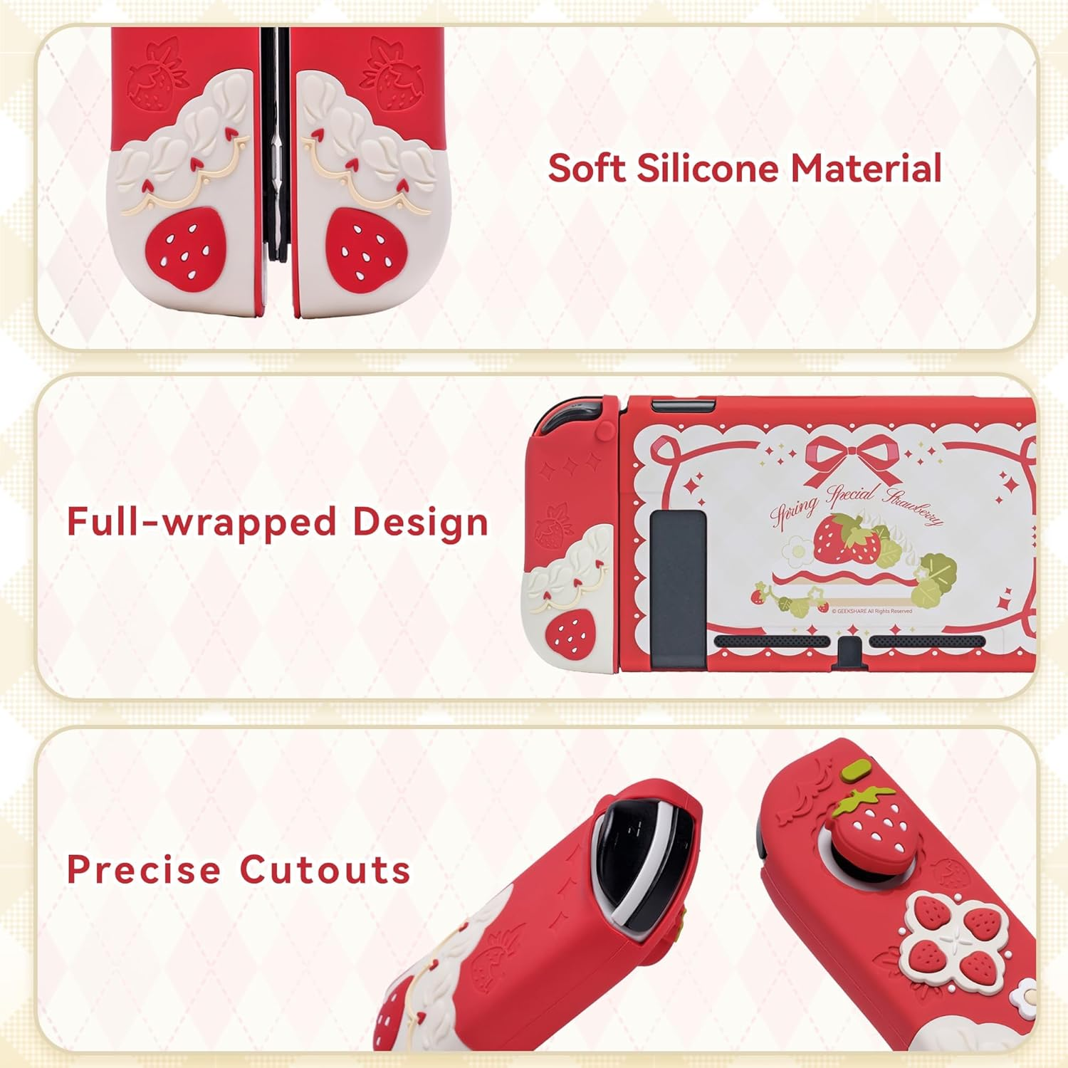 Geekshare Protective Case for Switch Slim Cover Case Compatible with Switch Separable Soft Silicone Protective Shell for Game Console with 2 Thumb Grip Caps - Spring Special Strawberry image number 5