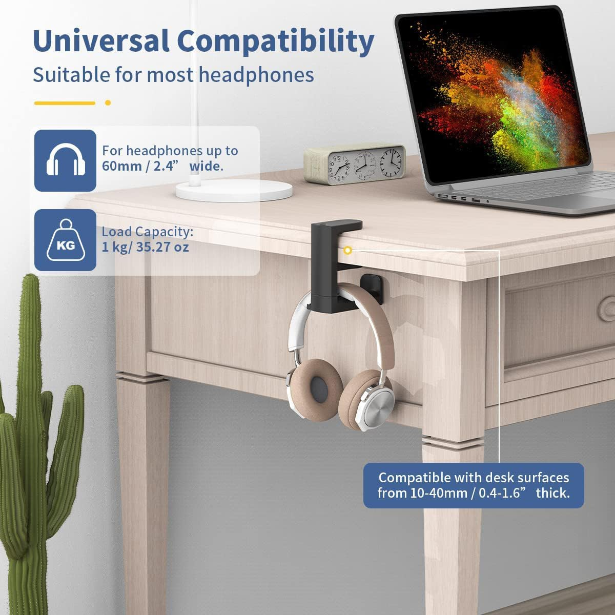 PC Gaming Headset Hook Holder Hanger Mount, Headphones Stand with Adjustable 360 Rotating Arm, under Desk Clamp on Design, Universal Fit, Built in Cable Clip Organizer (Black) (#1) image number 1