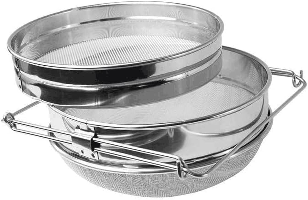Honey Harvesting Honey Strainer Beekeeping Tool Kit, Set of 9, Double Honey Sieve Stainless Steel Honey Filter, Honey Gate, Frame Grip, Uncapping Fork, Queen Marker Tube, Feeder, Honey Filter Bag