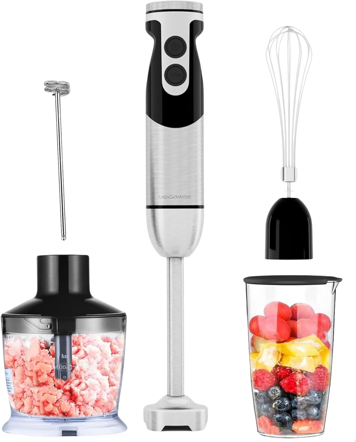 Megawise Pro Titanium Reinforced 3-In-1 Immersion Hand Blender, Powerful Copper Motor with 80% Sharper Blades, 12-Speed Corded Blender, Including Dish Washer Safe Whisk and Milk Frother