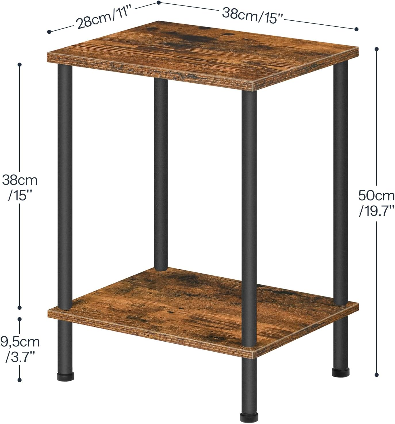 HOOBRO End Table, Side Table with 2-Layer Storage Shelves, Nightstand for Small Spaces, Living Room, Entryway, Farmhouse Industrial Style, Stable Frame, Easy Assembly, Rustic Brown, Black BF09BZ01 image number 4