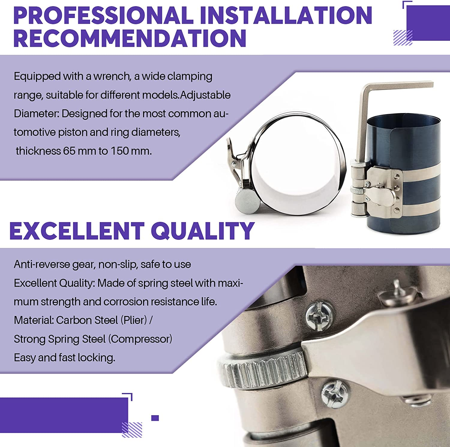 Swpeet 8Pcs 3" 4" 6" Piston Ring Compressor and Adjustable Piston Installation Tool Installer Removal Pliers with Wrench and Stainless Steel Feeler Gauge Assortment Kit for Car Engine