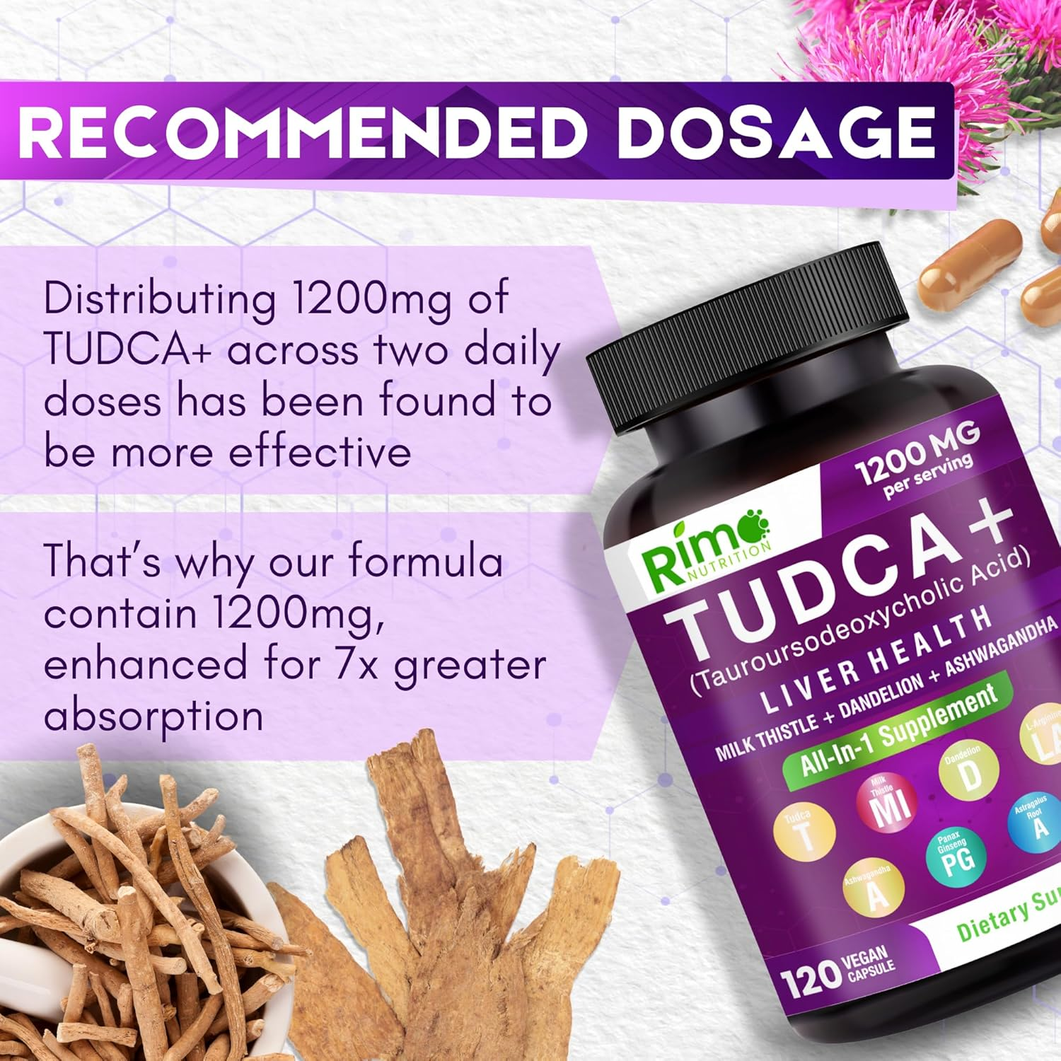 Rimo Nutrition Tudca - Liver Support Supplement with Milk Thistle, Dandelion. L Arginine, Ashwagandha, Panax Ginseng Root, Astragalus Root 1200 Mg per Serving 120 Capsules image number 5