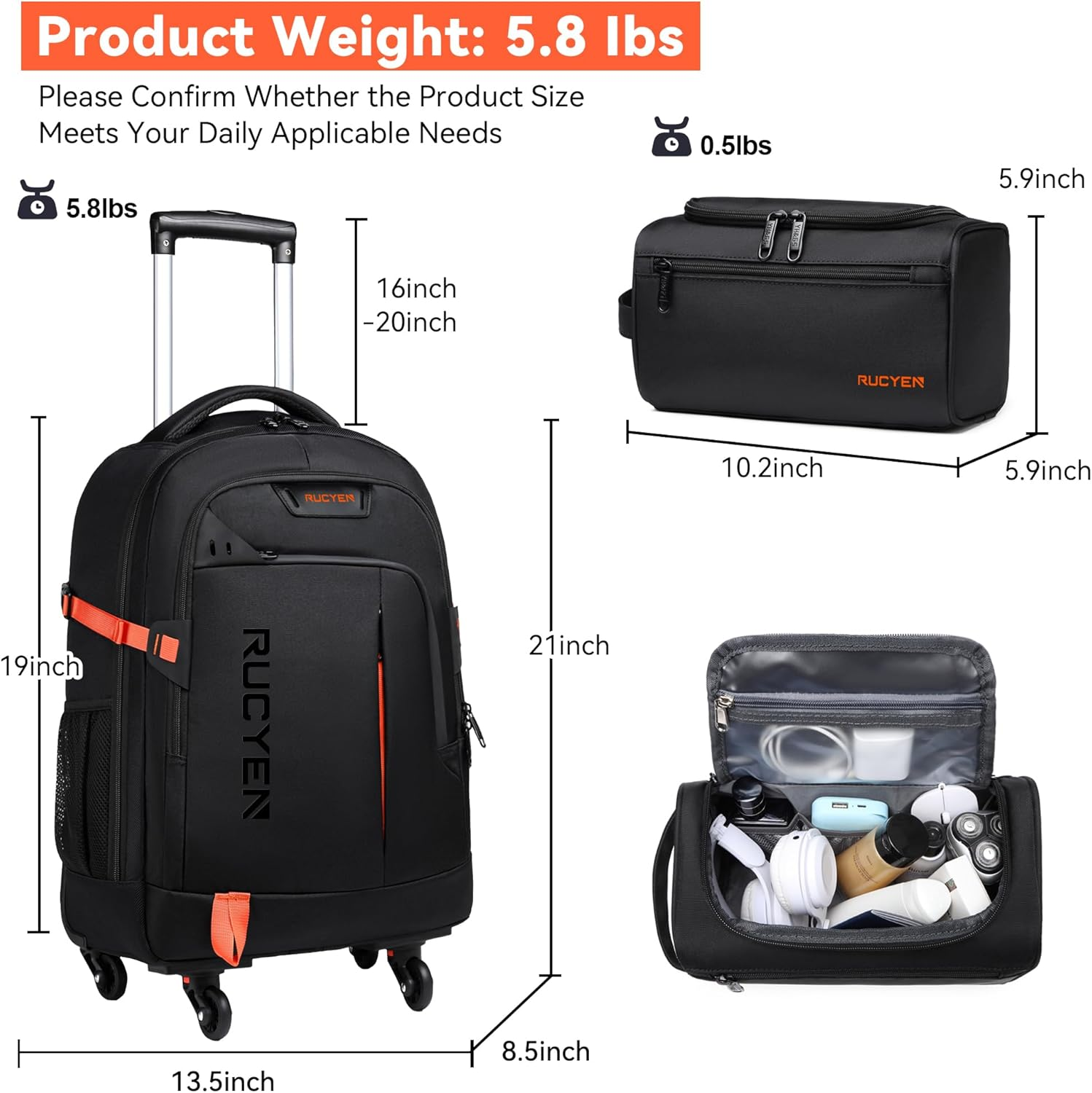 RUCYEN Rolling Backpack, Rolling Wheeled Backpack for Men Women, Black, 22 Inch, Travel image number 5