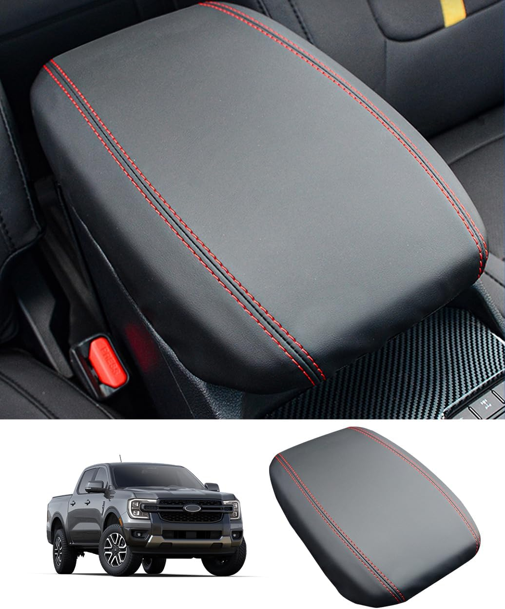 Center Console Cover for 2024 2025 Ford Ranger Accessories Leather Armrest Cover Ranger Xl/Xlt/Lariat/Raptor Anti-Scratch Arm Rest Seat Cover Customized Middle Console Lid Pad Protector(Black)