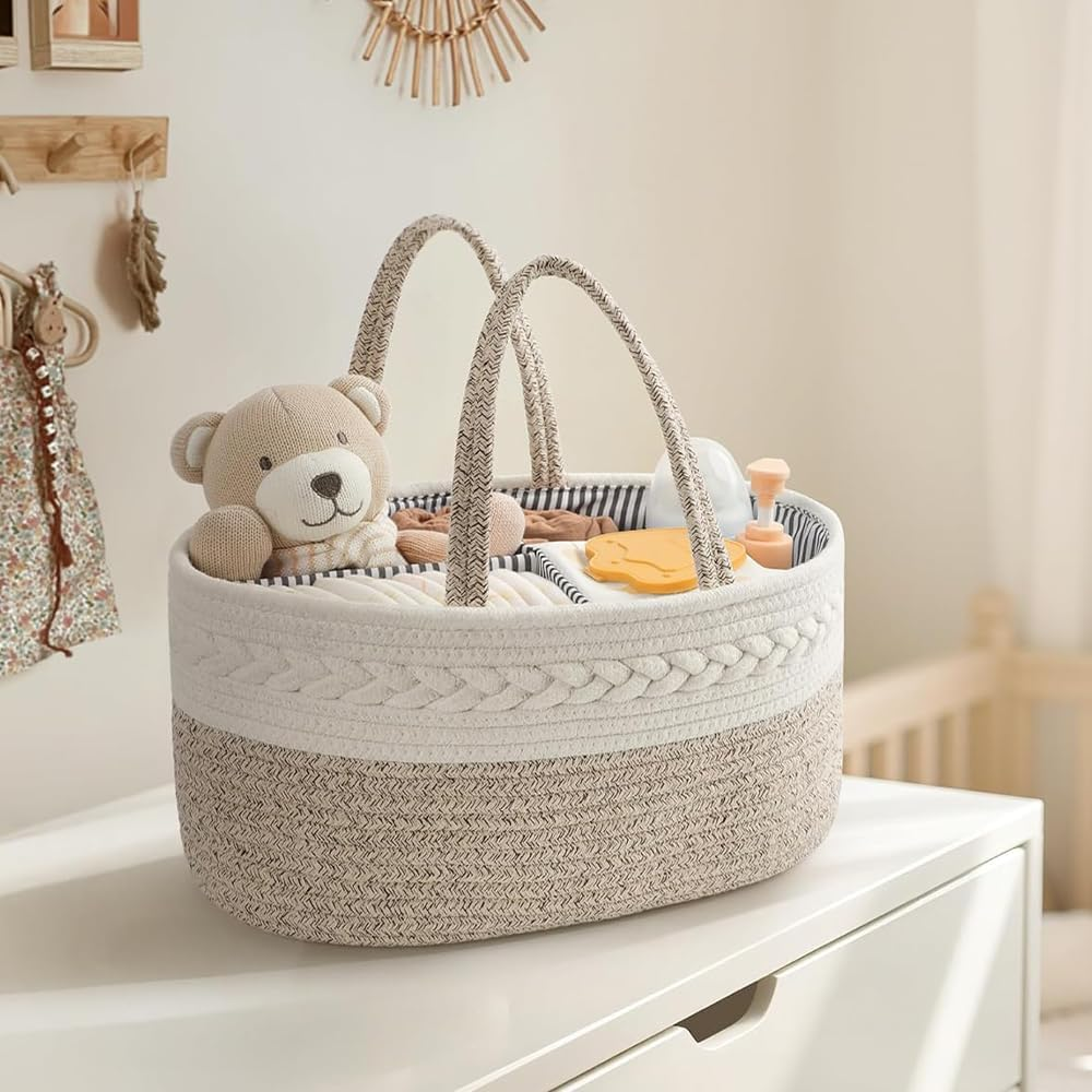 Baby Diaper Caddy Organizer, Foldable Cotton Rope Nursery Storage Basket, Portable Diaper & Wipes Holder for Changing Table, Car, Newborn Essentials image number 5