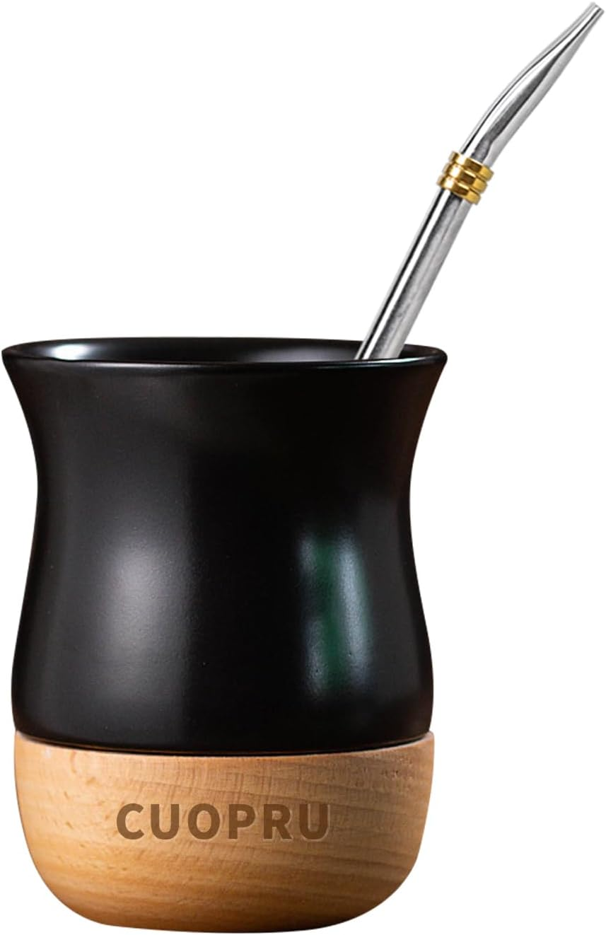 8 OZ Ceramic Yerba Mate Cup with Original Wood Base, Includes Mate Gourd, Bombilla Straw and Cleaning Brush - Perfect for Traditional Yerba Mate and Modern Style Drinking Mug (Blue)