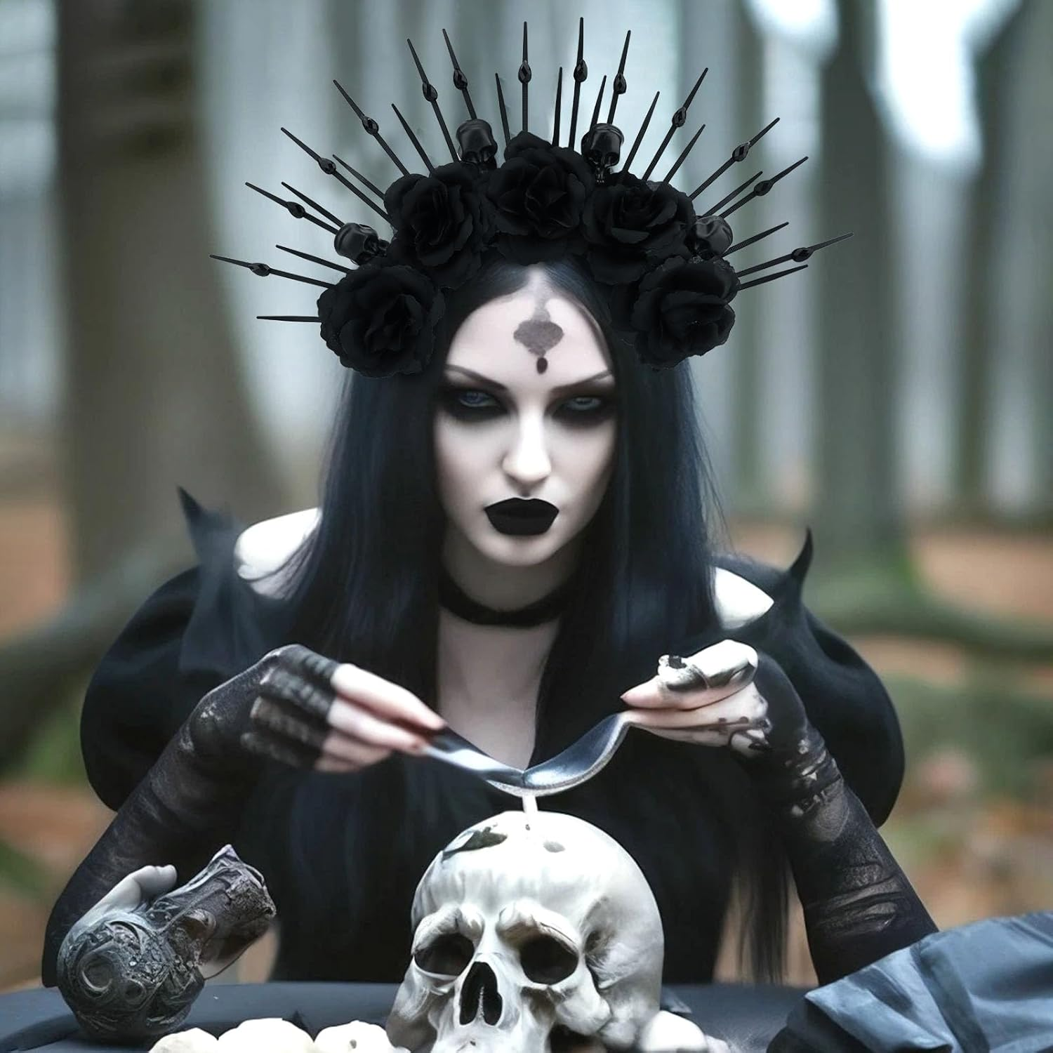 Vovii Black Halo Headband for Women Hair Accessory Halloween Costume, Gothic Rose Flower Crown Goddess Headpiece with Skull for Dark Day of the Dead Outfit image number 2