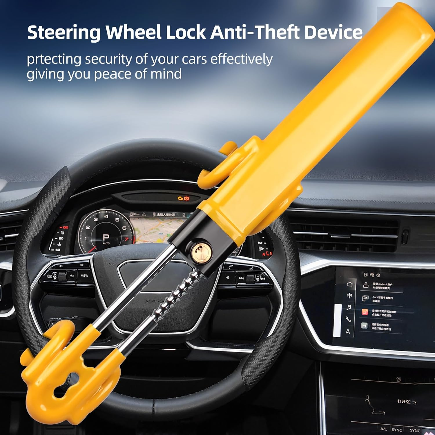 NOEAIKE Steering Wheel Lock,Heavy Duty Anti-Theft Car Device with Double Hooks Design for Enhanced Vehicle Protection,Adjustable Length Locking with 2 Keys Universal Fit (Yellow) - Black image number 6