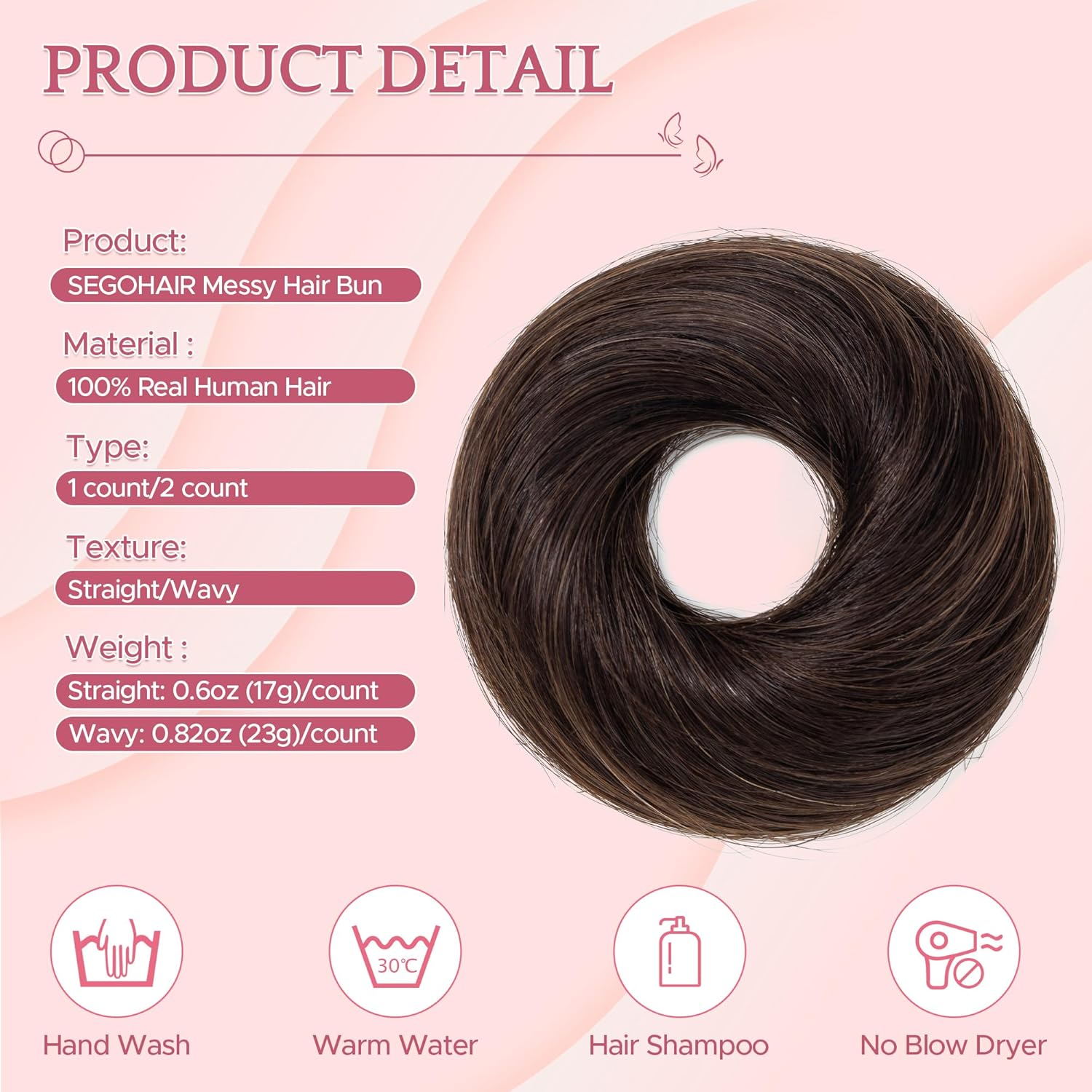 SEGOHAIR Messy Real Hair Bun Scrunchie Human Hair Piece for Women Updo Donut Bun Hairpiece Straight #02 Dark Brown image number 4
