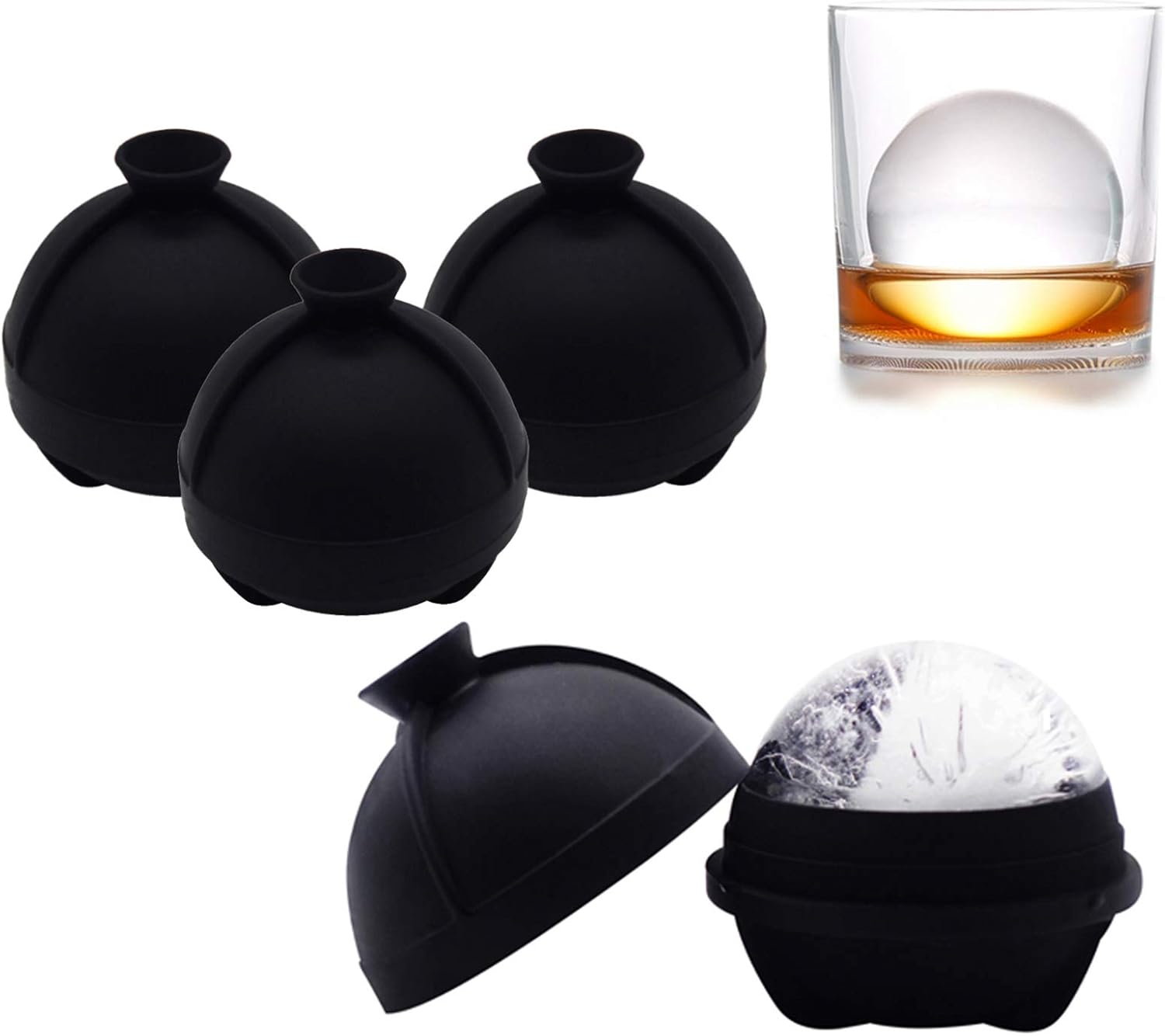 Helpcook round Ice Ball Molds - Silicone Sphere Ice Molds with Built-In Funnel-Makes 2.5 Inch Large Ice Balls for Whiskey & Cocktails (2/4/6 Pack) 4 Pack Black image number 2