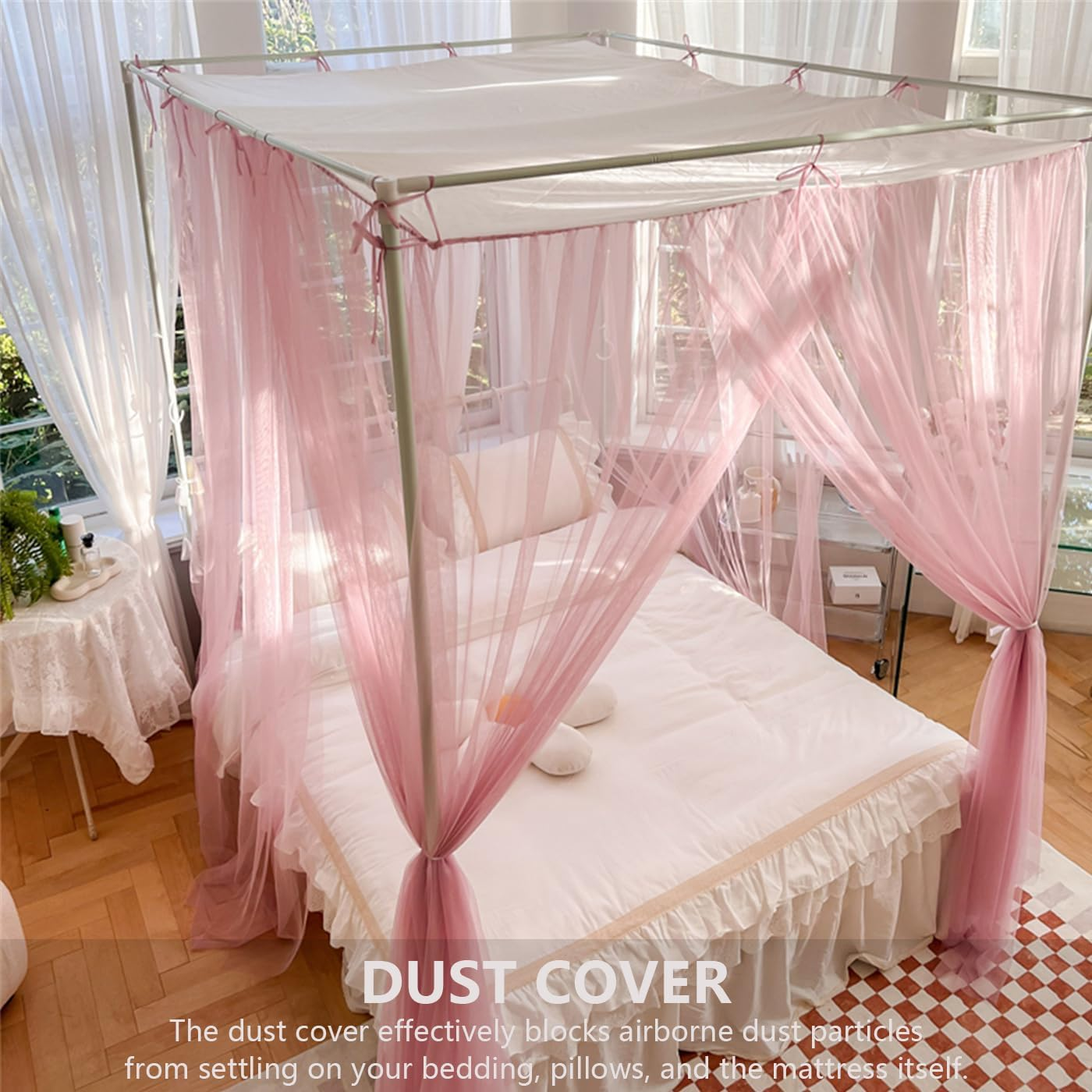 Mosquito Net for Bed Canopy 4 Corners Post, Elegant Square 4 Openings Canopies Bedroom Ceiling Curtains Drapes for Twin/Queen/King Bed Room Decor Wedding Nursery Indoor Outdoor image number 1