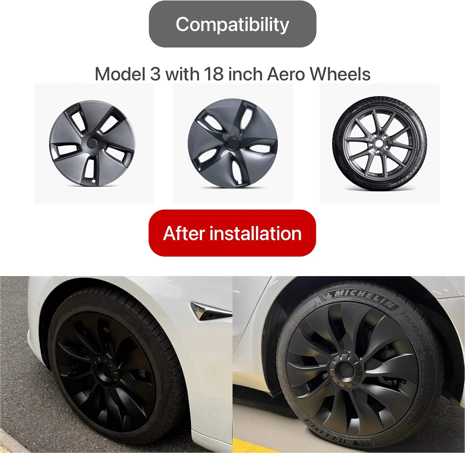 KAVANIC Fits Tesla Model 3 Wheel Cover Hubcap 18 Inch Matte Black Support Logo Range Improvement (1 PCS) Uberturbine Style 2017-2023 Model 3 Aero Wheel Cover Replacement image number 1