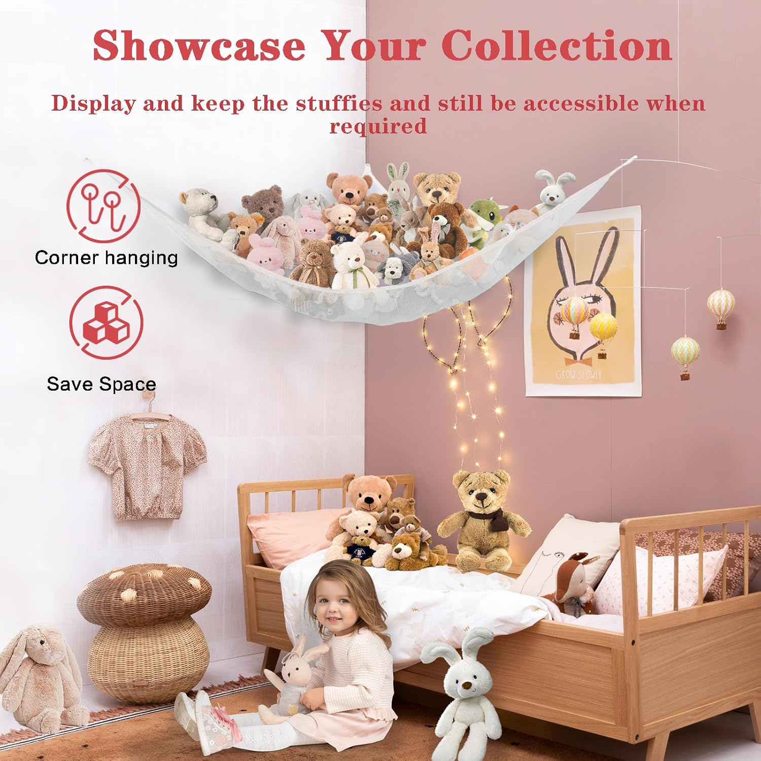 Stuffed Animal Storage Toy Hammock Soft Plush Toy Storage Large Corner Hanging Net Organiser Holder for Kids Bedroom Nursery Decor (White) - Blue image number 4