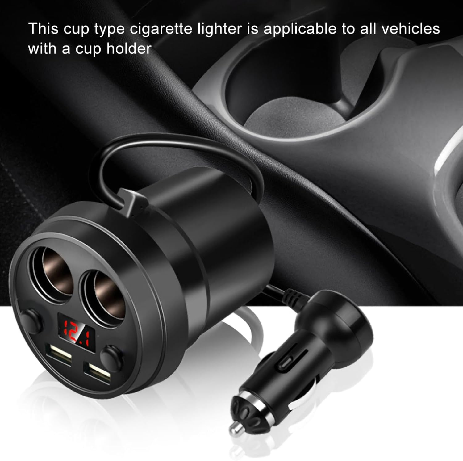 Car Charger, Interior Accessories, Car Cup Holder Insert, Cup Dual USB Car Charger with Wire, Multifunction Cigarette Lighter for Phone, Tablet, PC