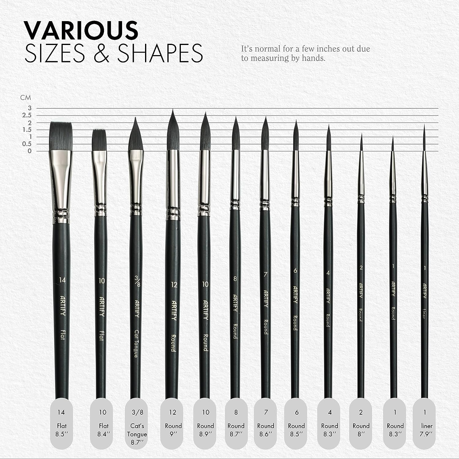 ARTIFY 12 Pcs Watercolor Paint Brushes Premium Nylon Hair Paint Brushes for Oil Painting Acrylic Painting for Kids and Adults, Beginner and Artist, Figger round Flat Cat'S Tongue Shape, Black image number 3