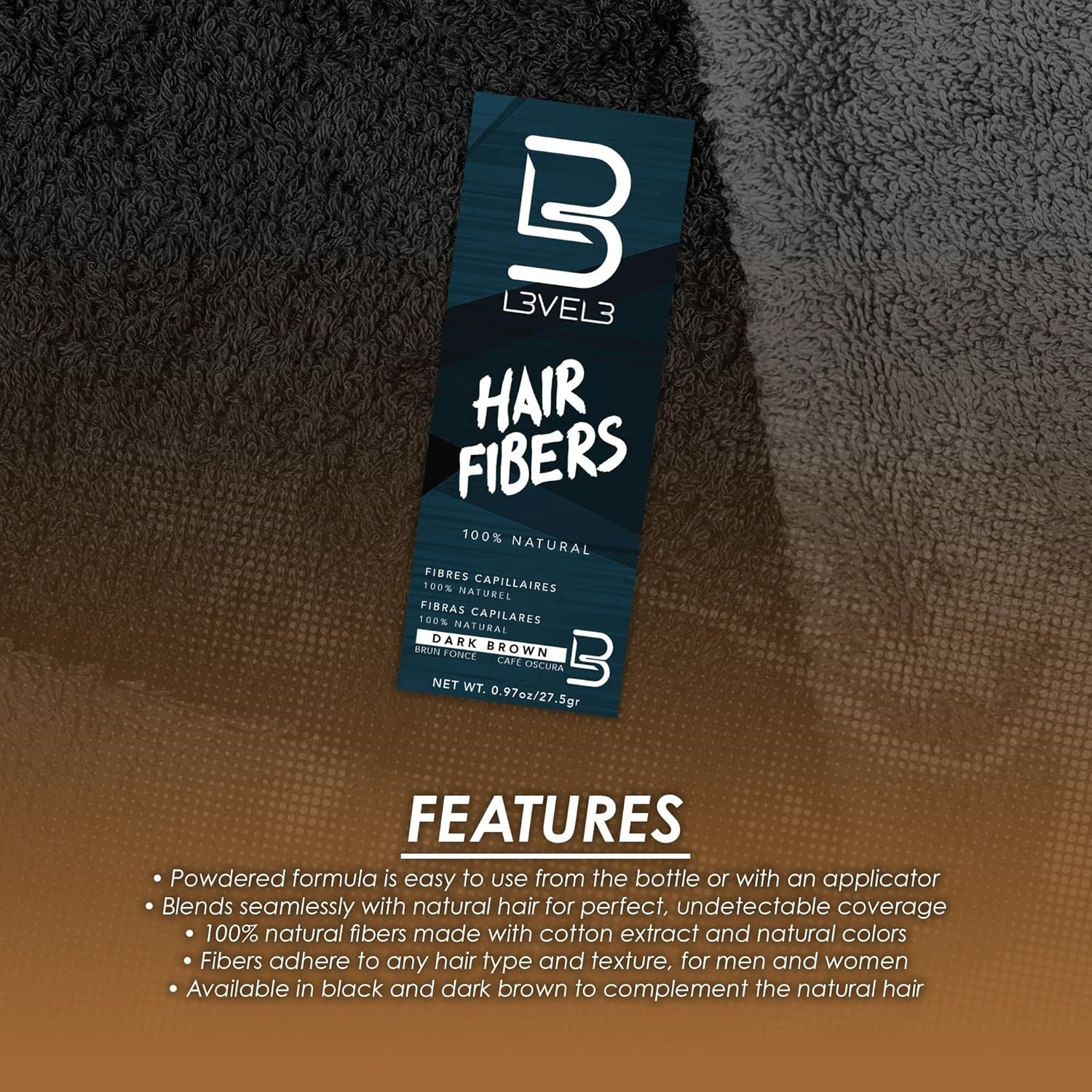 L3VEL3 Hair Fibers - Blends Seamlessly - Made with Cotton Extract - Adheres to All Hair Types - Suitable for Men and Women - Easy to Use from Bottle or Applicator - Brown - 0.97 Oz Treatment image number 1