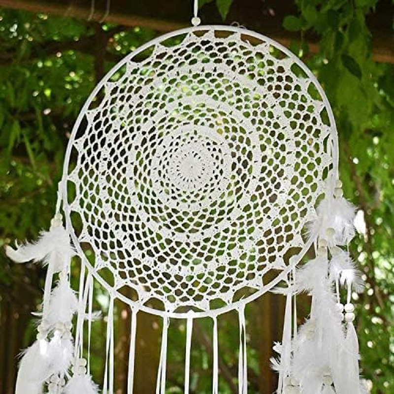 Easybravo Large Boho Dream Catcher with White Feather Macrame Wall Hanging for Vintage Wedding Home Decorations 13.7In Circle 45.3In Long - White image number 2