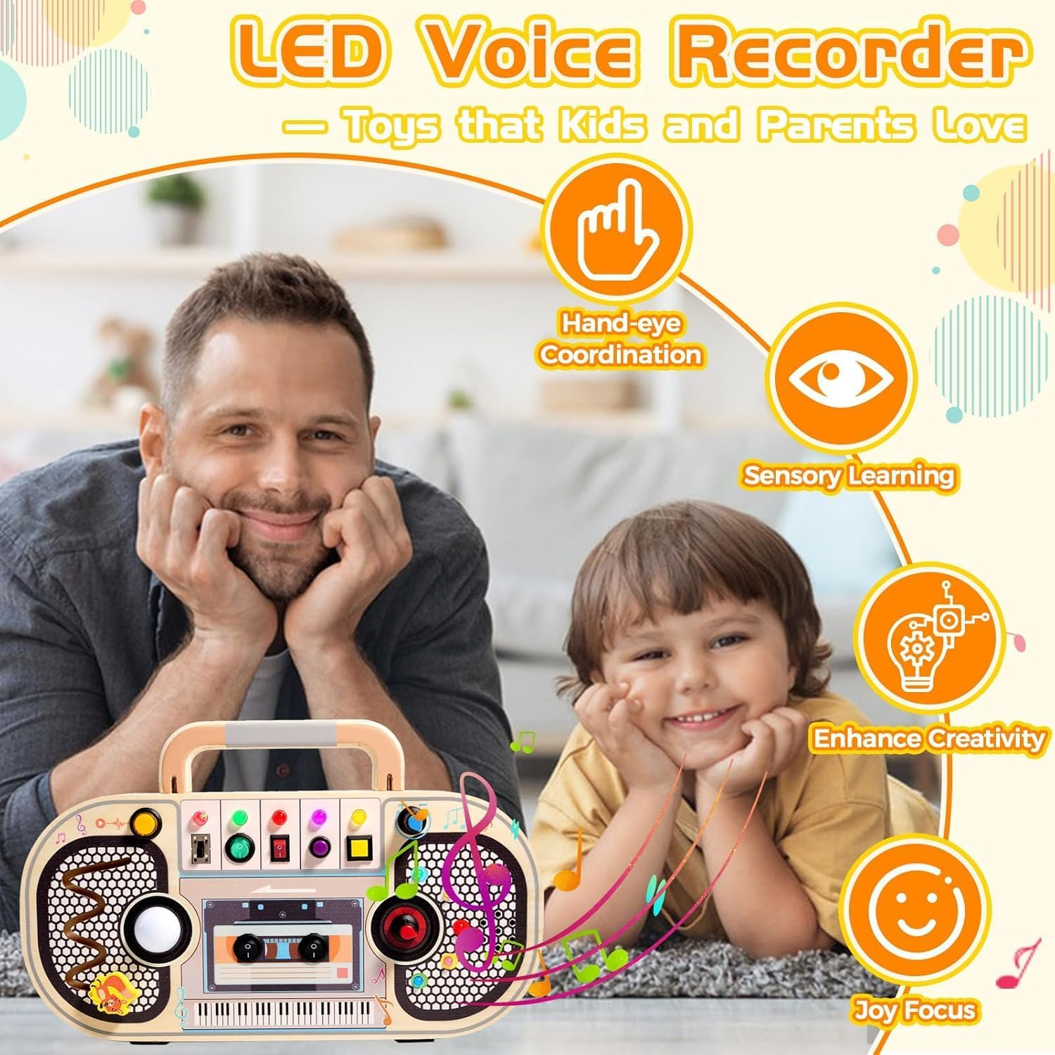 Uandhome Montessori Busy Board Toys for 3 Year Old,Wooden Sensory Sensory Toy with Musical LED Lights Switches Motor Skills Developmental Early Educational Travel Baby Toddler Birthday Gifts image number 6