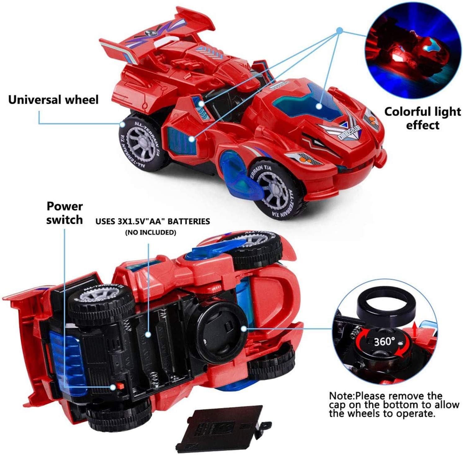 Transforming Dinosaur LED Car with Light and Music, Dinosaur Toys for Kids 3-5-7, Dino Toy Cars Christmas Birthday Gifts for Toddlers Boys Girls (Red) image number 3