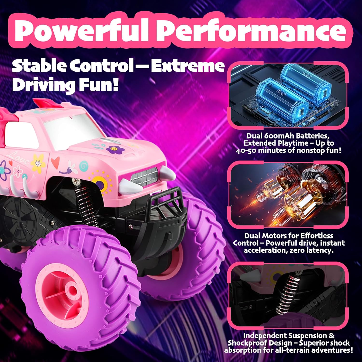 Threeking 1:16 Waterproof Monster Truck Pickup Toys RC Cars Amphibious Remote Control Car Truck 4WD All Terrain Off-Road Toy for 4 5 6 7 8 9 10 11 12 Year Old Boys Girls Toys Gifts Presents Pink image number 4