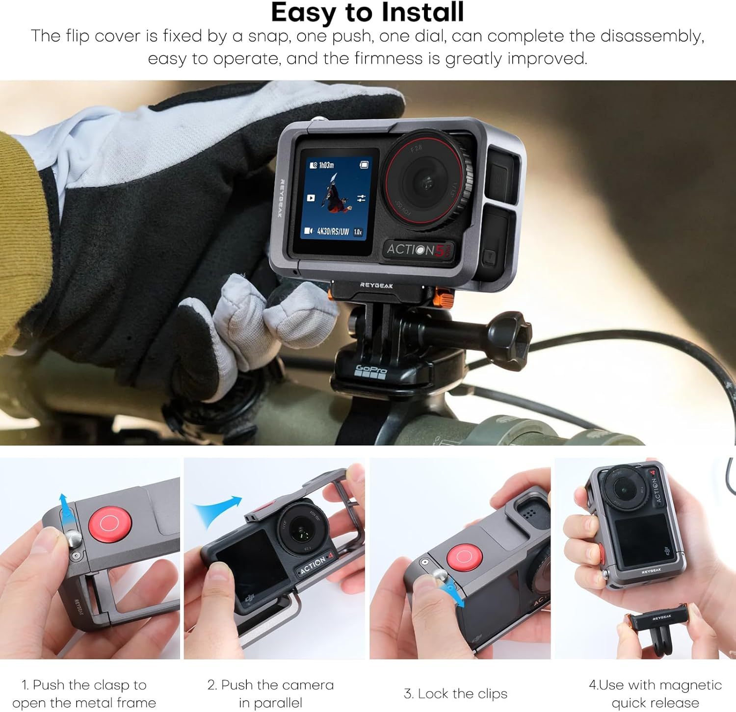 REYGEAK Ultralight Metal Cage for DJI Action 5 Pro/4/3 Aluminum Protective Housing Frame with 1/4 Screw, Cold Shoe, Quick Release Adapter Mount with Dual-Claws for DJI Osmo Action Accessories image number 4