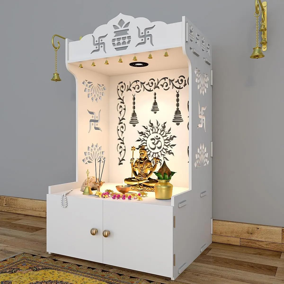 Divine Illumination Aesthetic Wooden Temple for Home with Spacious Shelf Inbuilt Focus Light - White Finish