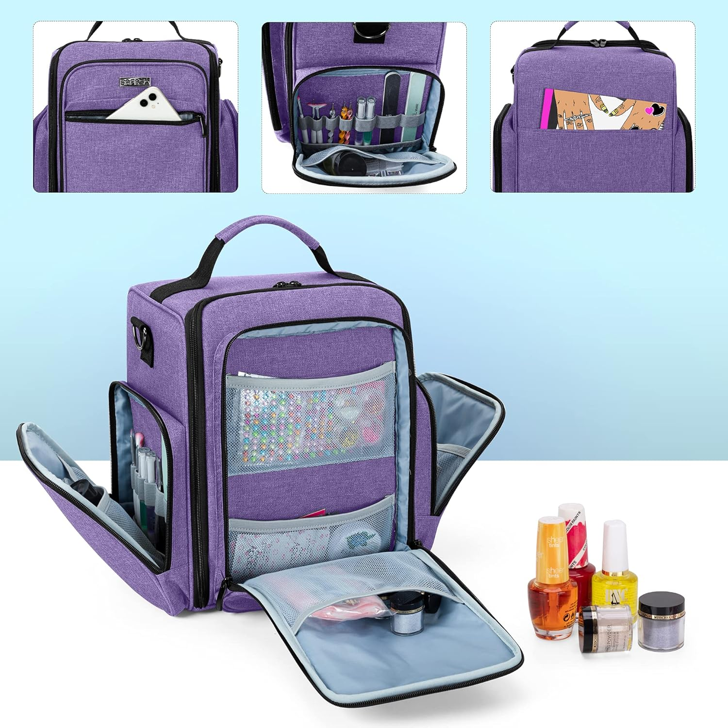 BAFASO Nail Polish Organizer Holds 48 Bottles (15Ml - 0.5 Fl.Oz) and a Nail Lamp, Large Nail Polish Case with 2 Removable Pouches and Multiple Storage Sections (Patented Design), Purple image number 4