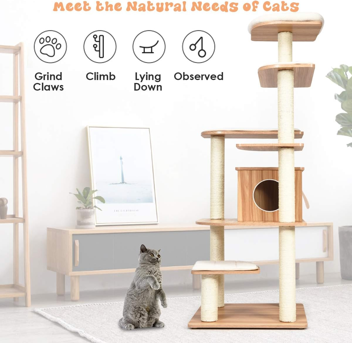 Cat Tree, Wooden Cat Tower with 6-Layer Platform, Sisal Rope Scratching Posts, Washable Plush Cushions, Cat Condo Furniture Activity Center Tower for Indoor Cats Kittens Relaxing image number 5