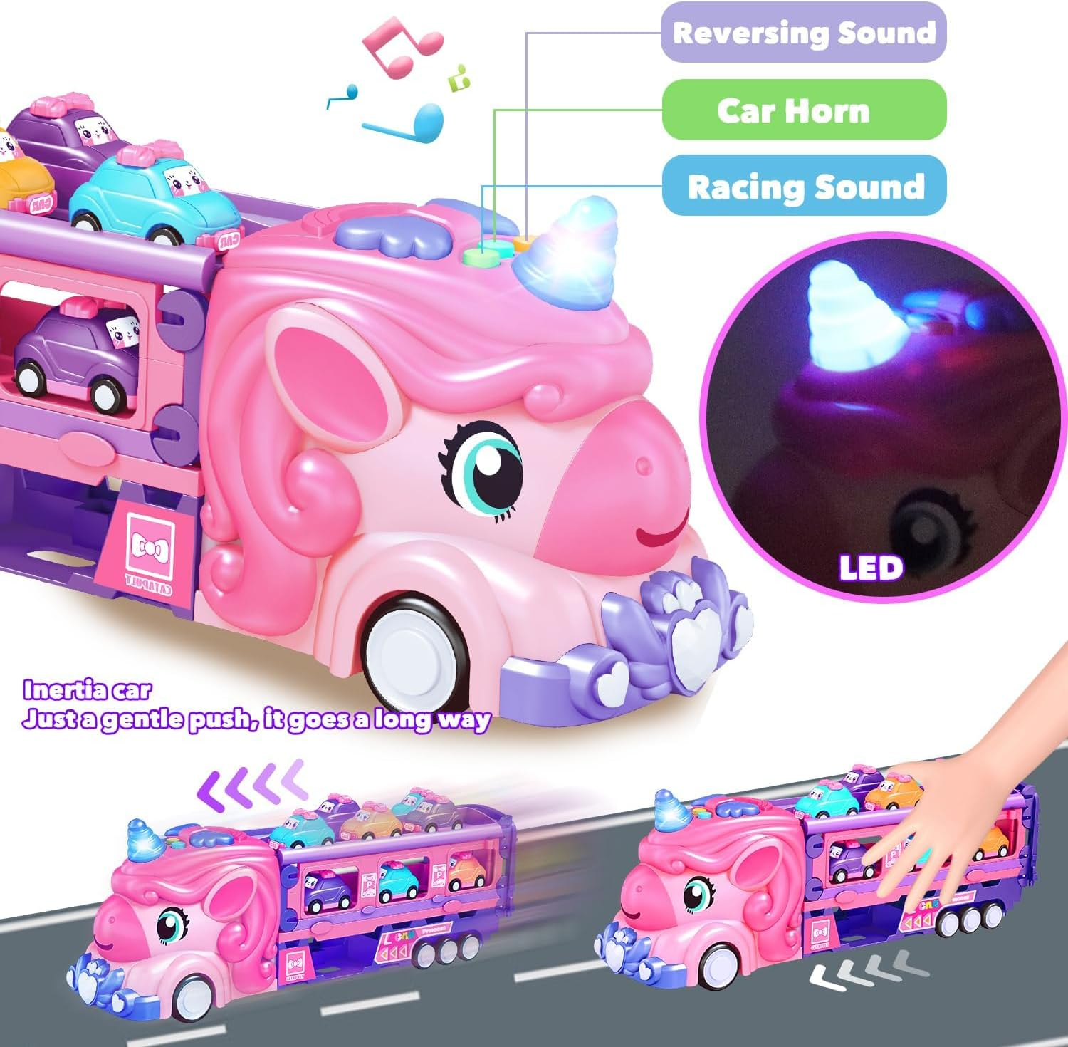 Unicorn Car Toys for 2 3 4 5 6 7 Year Old Toddler Girl, Unicorn Toys Truck & Foldable Race Track W/Light & Sound, Friction Power Toy Cars W/ 9 Princess Cars, Birthday Presents Kids Girls Age 4-6 image number 1