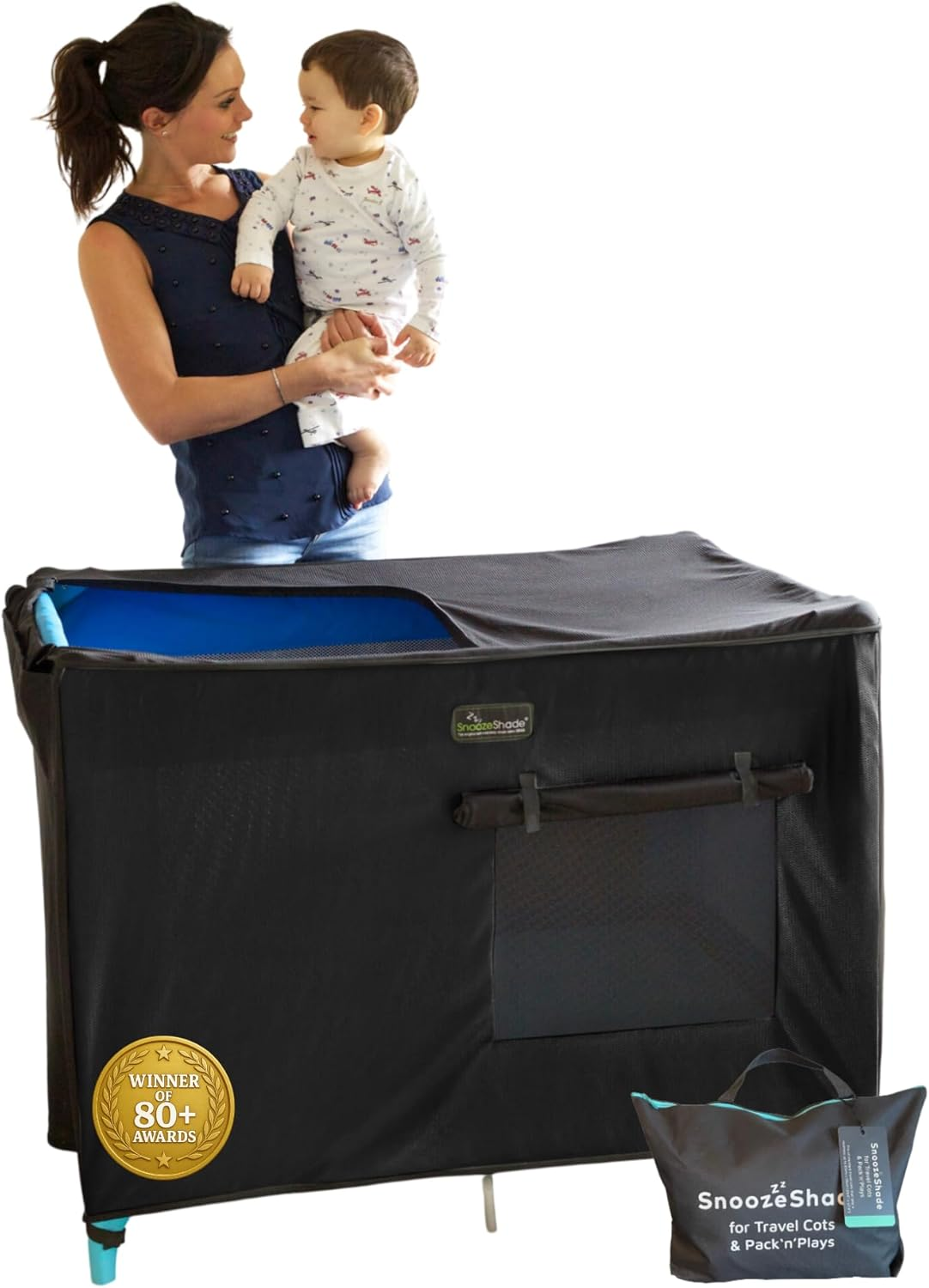Snoozeshade Travel Cot Blackout Cover & Sleep Canopy, Breathable Mesh Sleep Shade for Travel Cots, Blocks 94% of Light, Protects against Insects & Light Wind, INPAA Approved image number 4