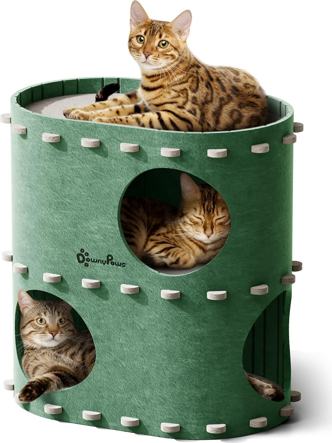 Downypaws Felt Cat Cave, 2-Tier Cat Bed, 50 X 33 X 50 Cm, Castle Cat House for Playing, Warm Design, Cat Nail Protection, Green