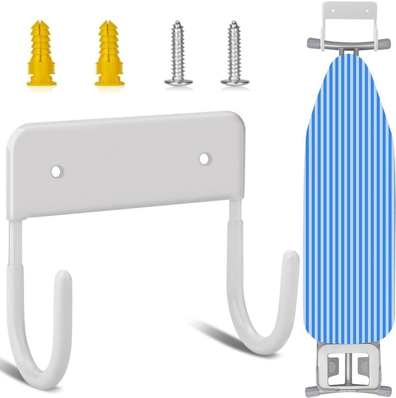 Walquicks 1Pcs Ironing Board Holder, White Durable Metal Ironing Board Hanger with Screws Ironing Board Wall Mount, Iron Board Hook Wall Mount, for Laundry Rooms